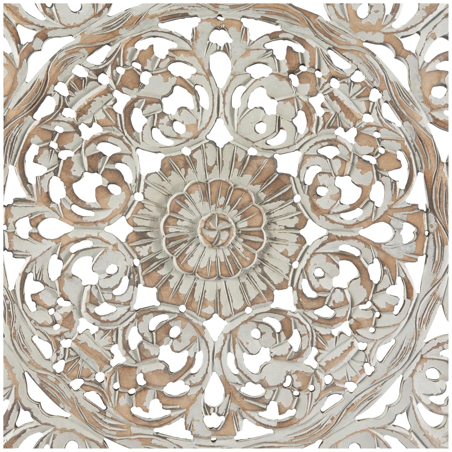 Deco 79 Wooden Floral Handmade Carved Scroll Mandala Wall Decor with Brown Distressing, 36" x 1" x 36", Gray