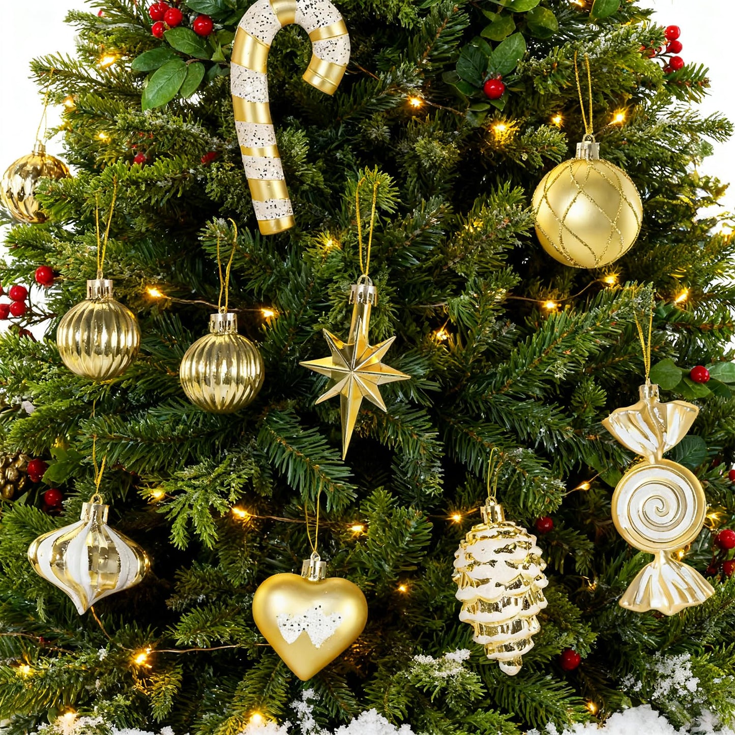 Christmas Ornaments, 16Pcs Gold and White Christmas Ornaments Set with Hanging Strings Ideal for Christmas Tree Decorations and Indoor Accents