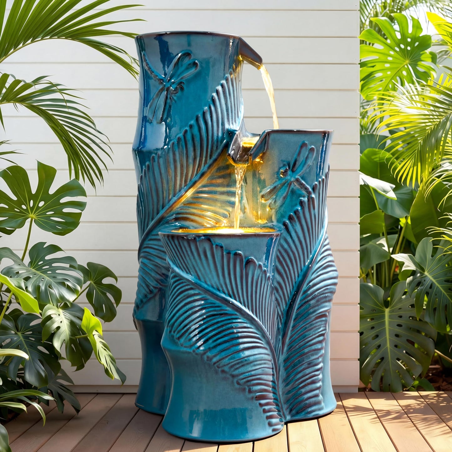 Autodaya Ceramic Outdoor Water Fountain with LED Lights, 25.5" H 3-Tier Bamboo-Style Water Feature with Tropical Leaf & Dragonfly Texture, Soothing Cascading Waterfall for Garden Patio Yard Oasis