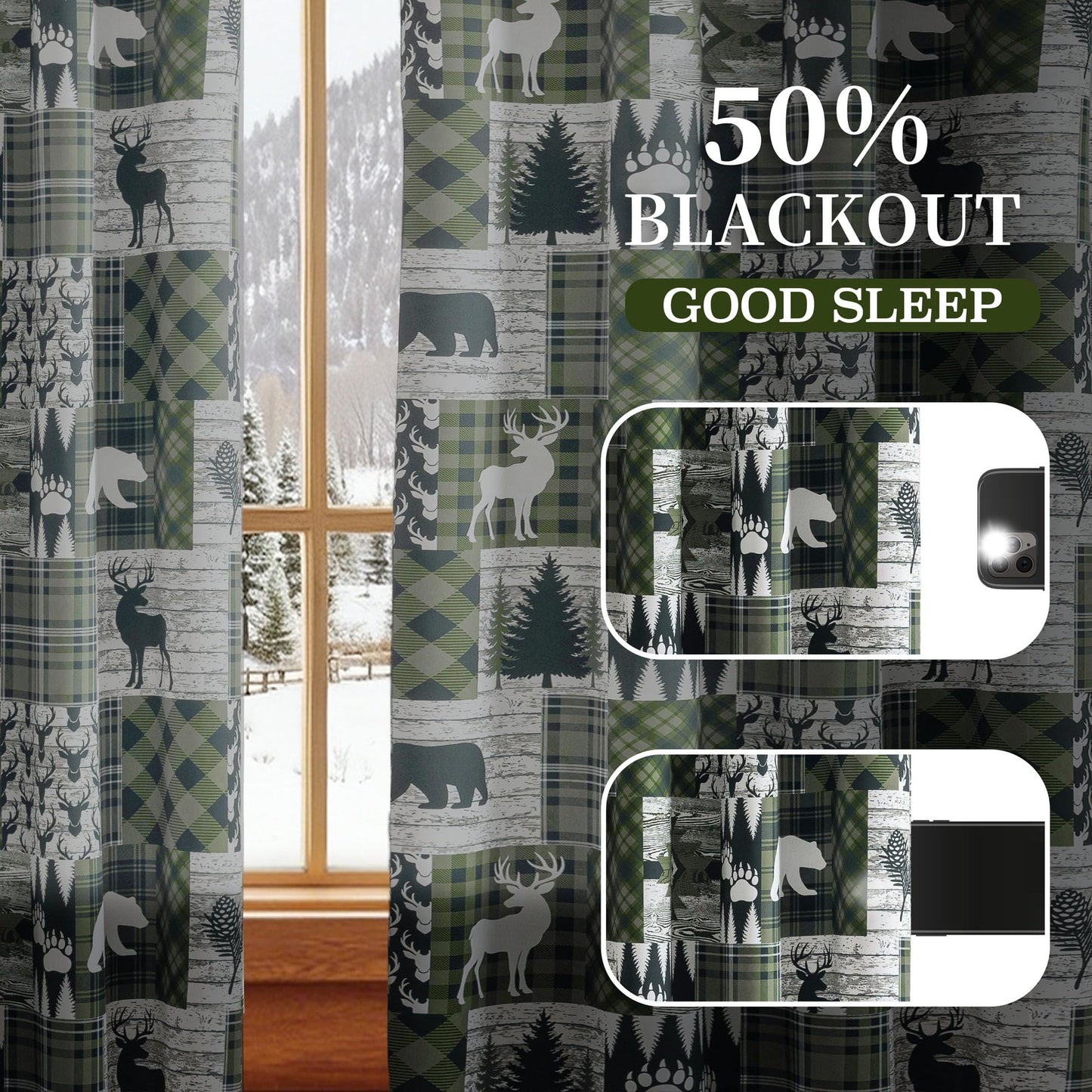 Dark Green Rustic Cabin Curtains 2 Panels Country Curtain 50% Light Blocking Darkening Grommet Window Treatments Farmhouse Patchwork Plaid Drapes Decorative for Living Room Bedroom, 52x96 inches