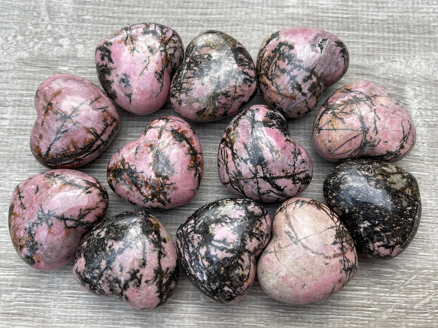 GAF TREASURES Rhodonite Gemstone Hearts, Polished Rhodonite Puffy Hearts, Rhodonite Crystal Palm Stone, Rhodonite Healing Crystal Hearts (1 Heart)