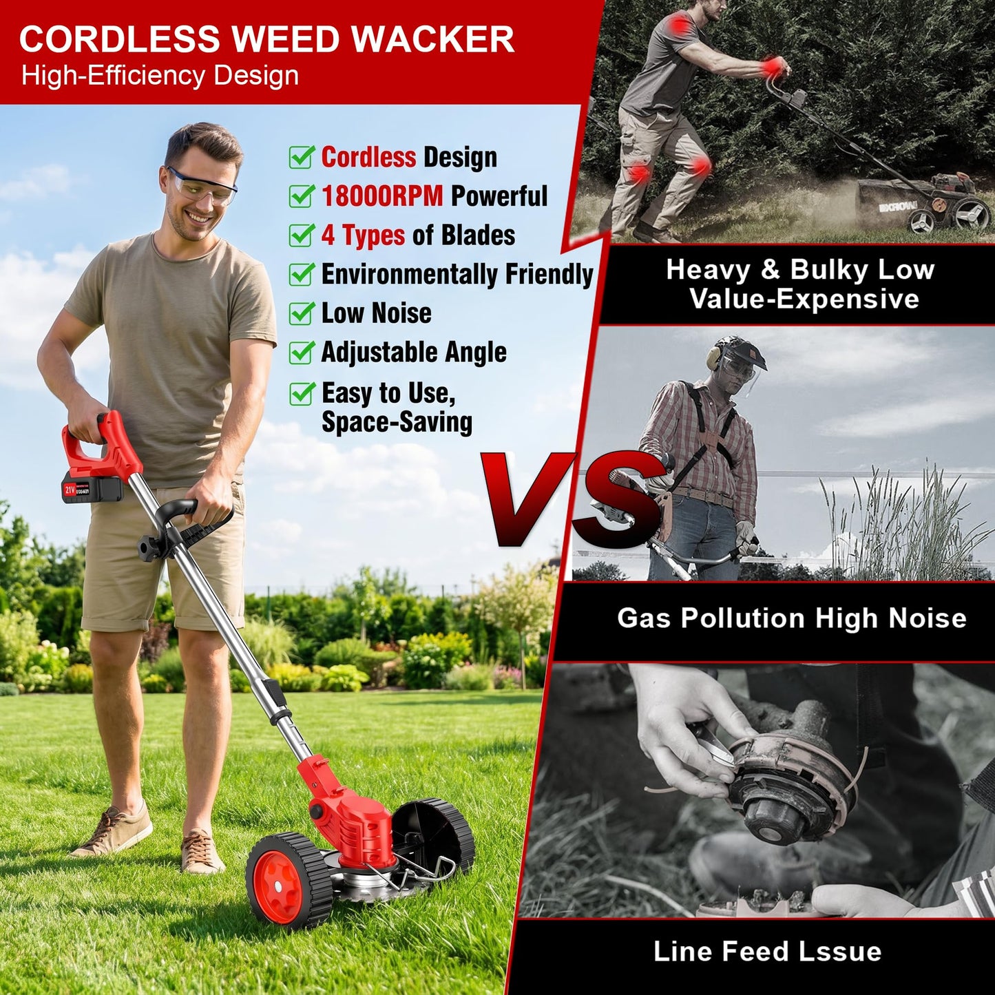 21V Cordless Weed Wacker with Wheels, 3-in-1 String Trimmer/Lawn Edger/Brush Cutter, 2x2.0Ah Battery & 3 Blades, Adjustable Height, Lightweight & Easy for Thick Weeds & Small Yards – Homeowner