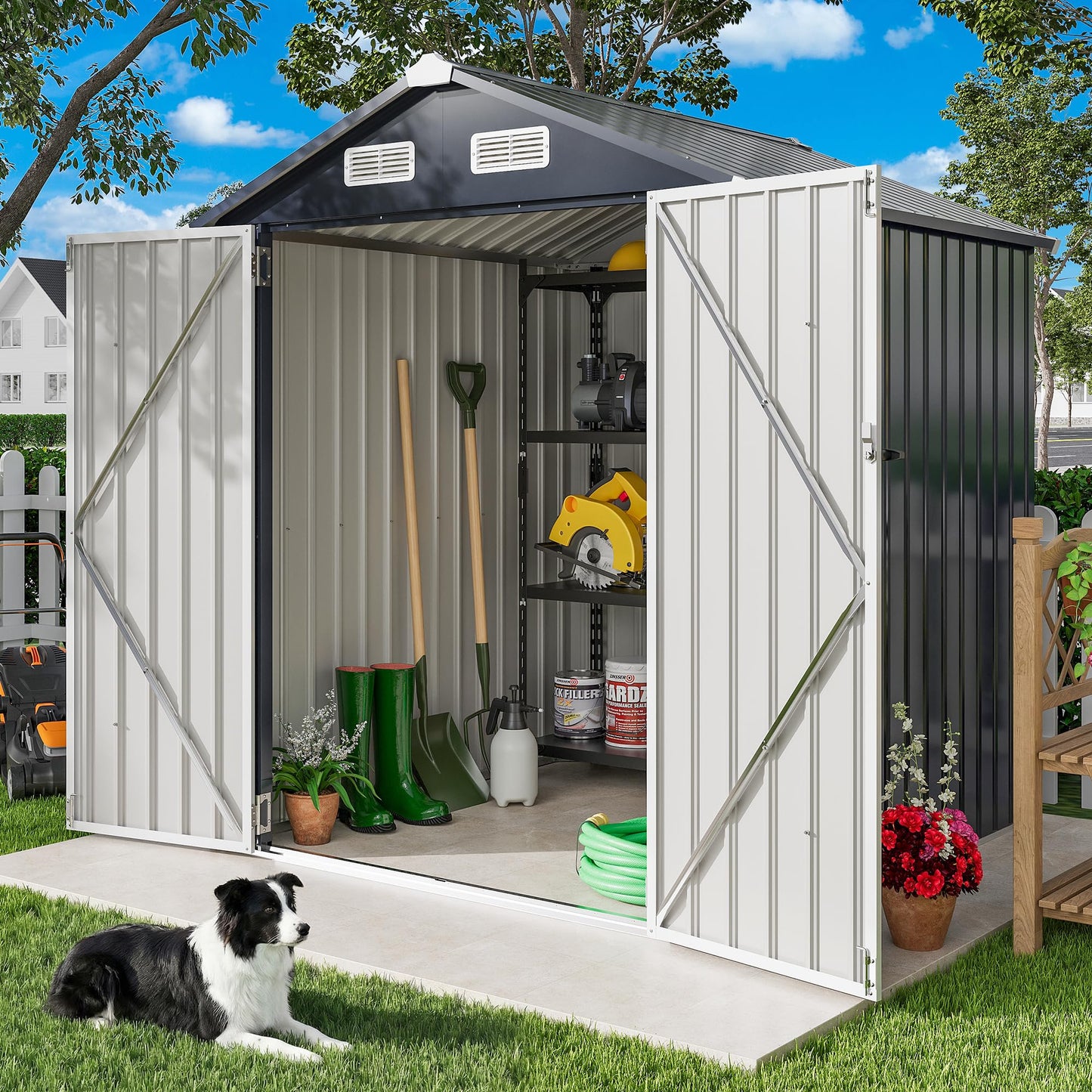IRONCK 5.7x5.7FT Storage Shed, Outdoor Tool Shed with Lockable Doors and Breathable Vent, Outside Metal Garden Storage for Poolside, Backyard, Patio, Dark Blue