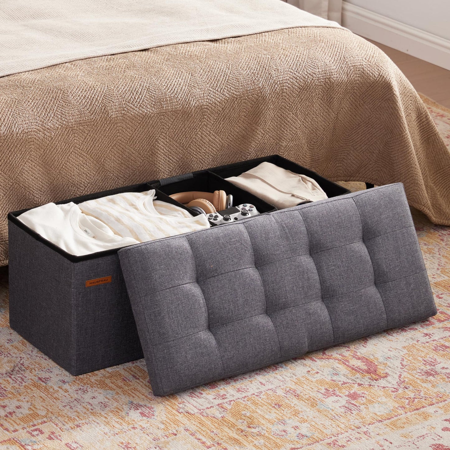 HAUSFRAU 31.5 Inches Ottoman with Storage, Folding Ottoman Bench Small Foot Rest Stool, Bedroom Bench with Flipping Lid, Linen Grey