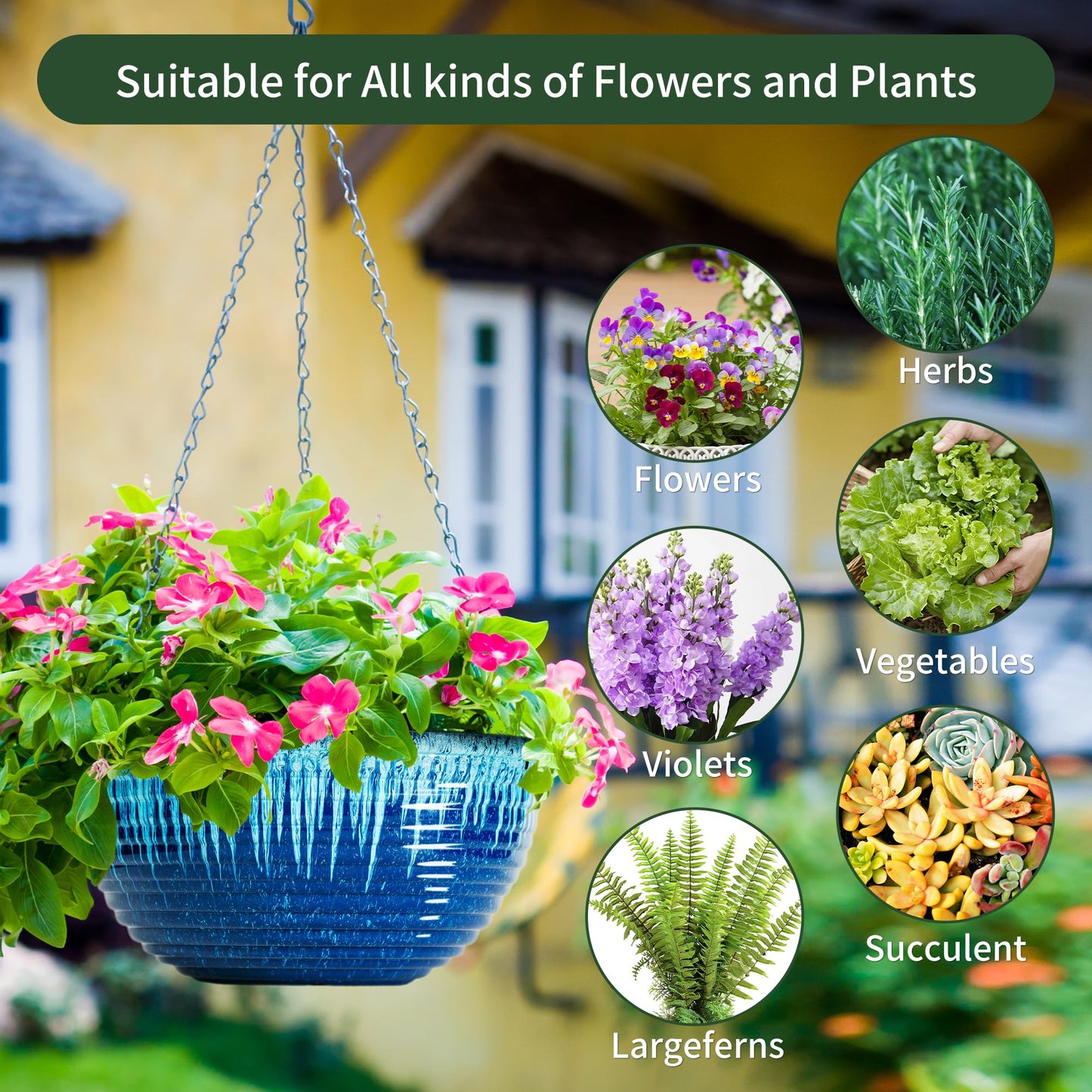 Vanslogreen 12 inch Hanging Planters for Indoor Outdoor Plants, 2 Pack Large Hanging Flower Pots with Drainage Holes and Chain, Glazed Hanging Baskets for Home Garden Decoration (Blue Flow Glaze)