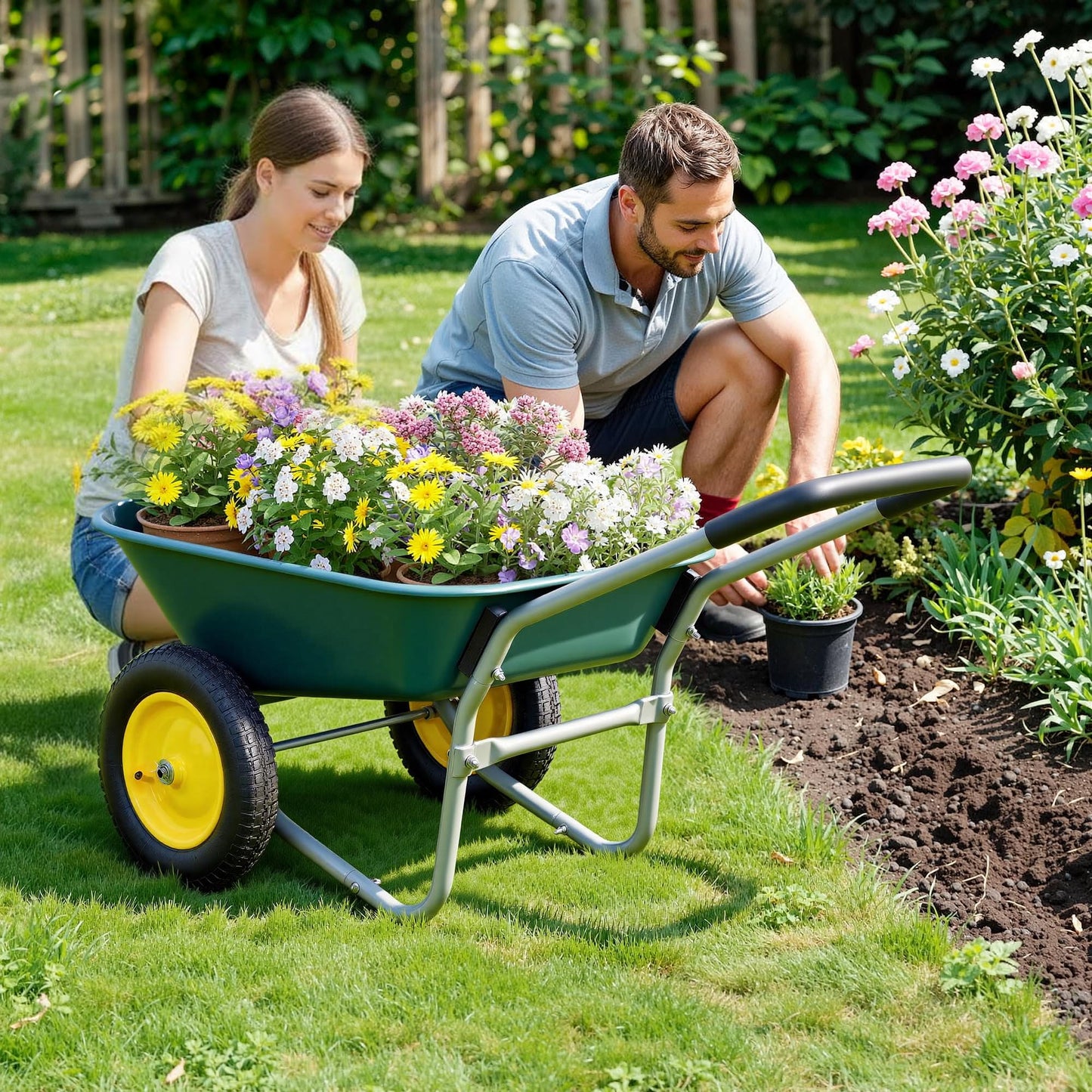 Ultym 2 Wheel Wheelbarrow, Dual-Wheel Garden Dump Cart with 13" Non-Slip Pneumatic Tires & Ergonomic Padded Handle, Heavy-Duty Home Utility Yard Cart Wagon with 4.5 Cu Ft Capacity for Lawn, Gardening