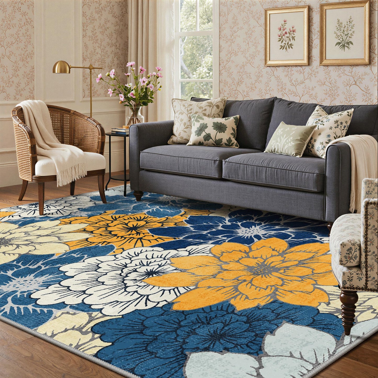 GENIMO Indoor Outdoor Area Rug 5'x8', Machine Washable Rugs for Patio, Waterproof, Non-Slip Easy Cleaning Floral Outdoor Mat Carpet for Living Room, Bedroom, RV, Balcony, Deck, Camping, Navy Blue