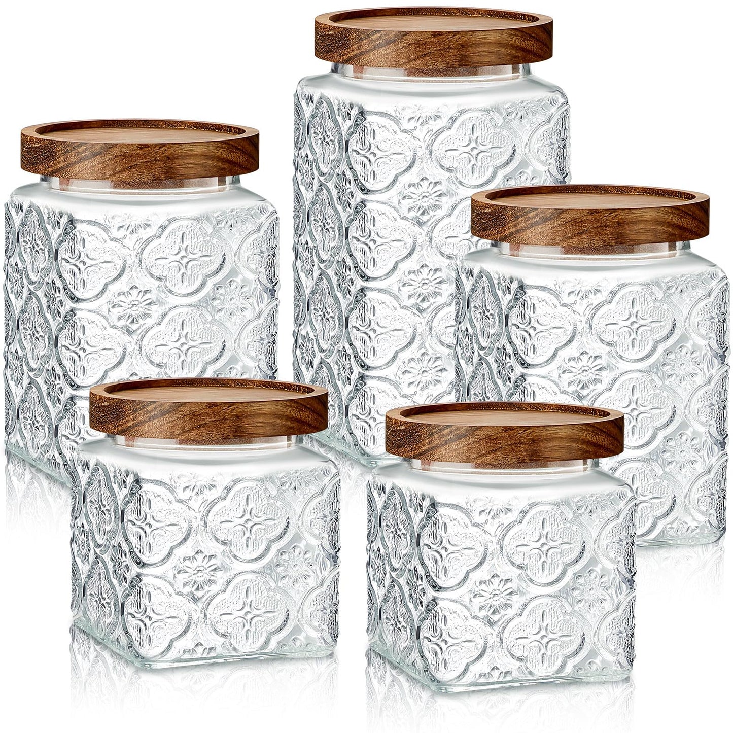 Gerrii 5 Pcs Vintage Glass Food Storage Containers 17/24/34 oz Glass Jar with Lid Airtight Candy Food Canisters for Kitchen Counter Pantry Coffee Beans(Clear,Begonia Square)