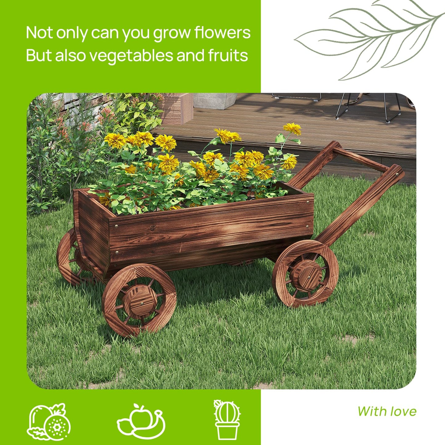 Wooden Flower Cart with Wheels Wooden Wagon Planter Outdoor Garden Planter Decor Planter for Patio Balcony Trolley Decoration Succulent Flower Pot, Indoor Backyard Balcon Decor（Large）