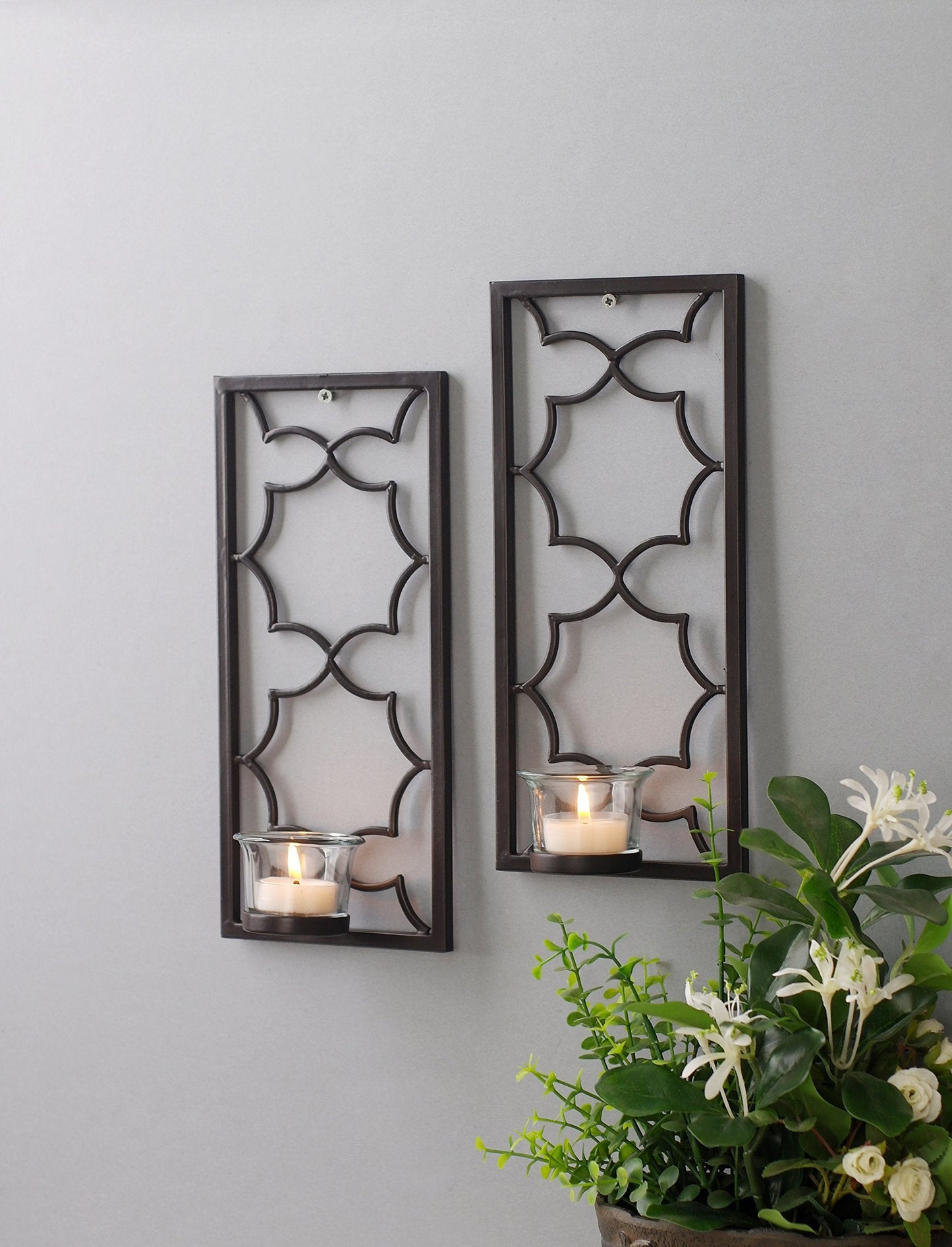 Hosley's Set of Two, 11" High Iron Tea Light LED Candle Wall Sconces, Black. Hand Made by Artisans. Ideal Gift for Wedding, Special Occasion, Spa, Aromatherapy, Meditation Setting. O3