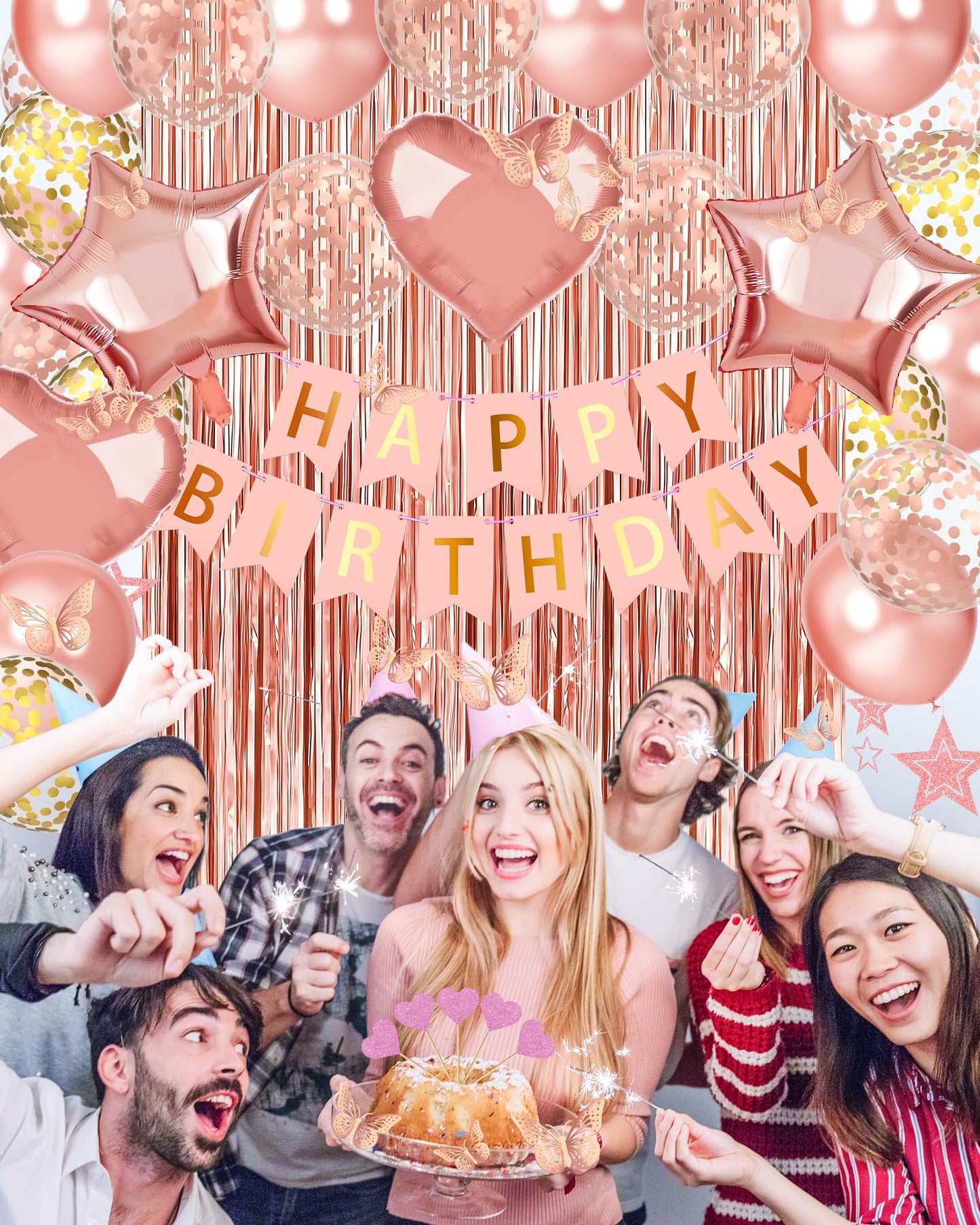 Lutoys Rose Gold Happy Birthday Party Decorations, Happy Birthday Banner, Rose Gold Foil Heart Star Confetti Balloons Curtain Backdrop Hanging Swirls Party Decor for Girls Women Princess