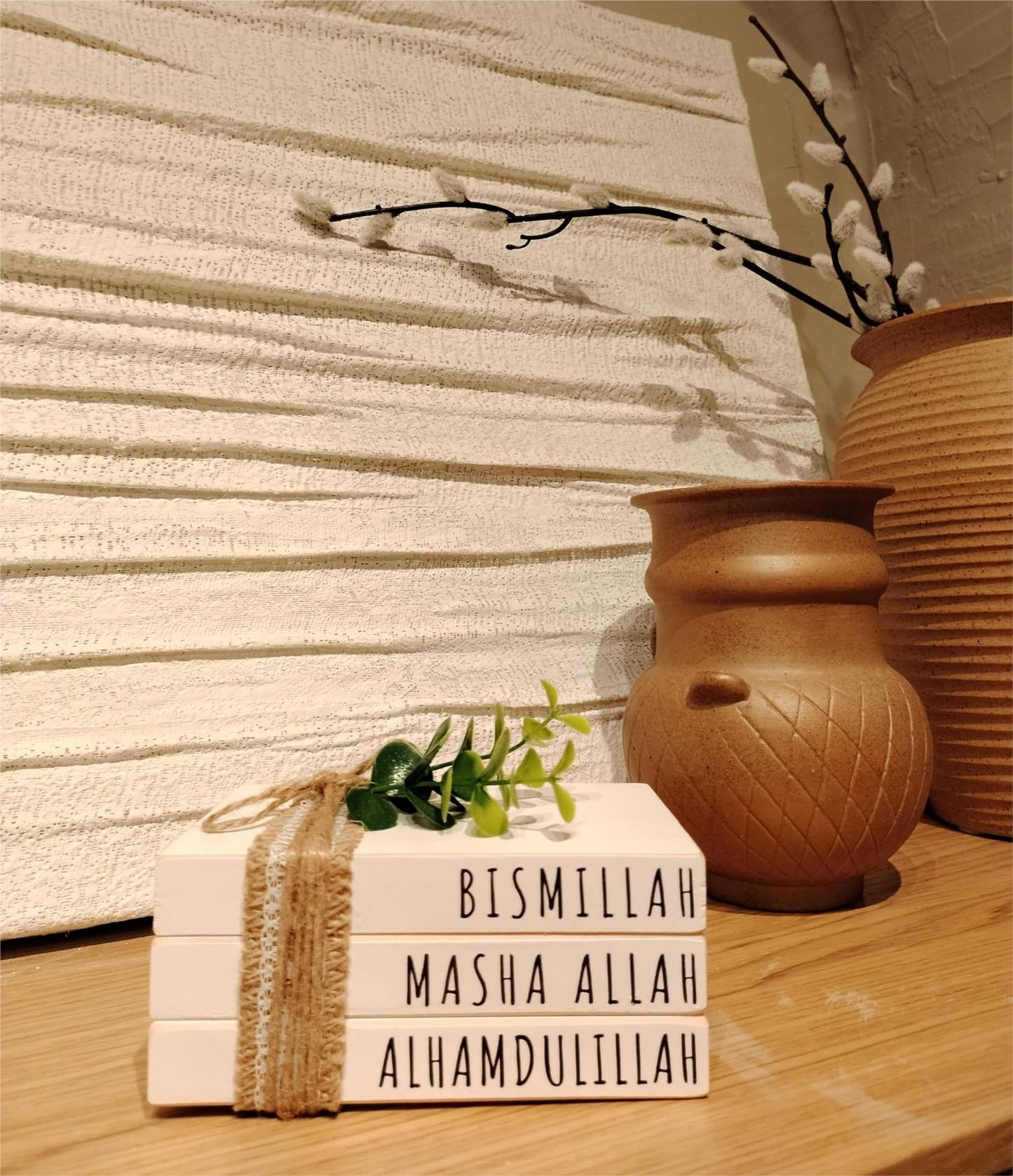 Dazingart Large Islamic Wooden Book Stack, Bismillah MashaAllah Alhamdulillah, Farmhouse Eid Ramadan Mubarak Tiered Tray Decor, Ramadan Decorations With Wood Bead Tassels Muslim Table Decor