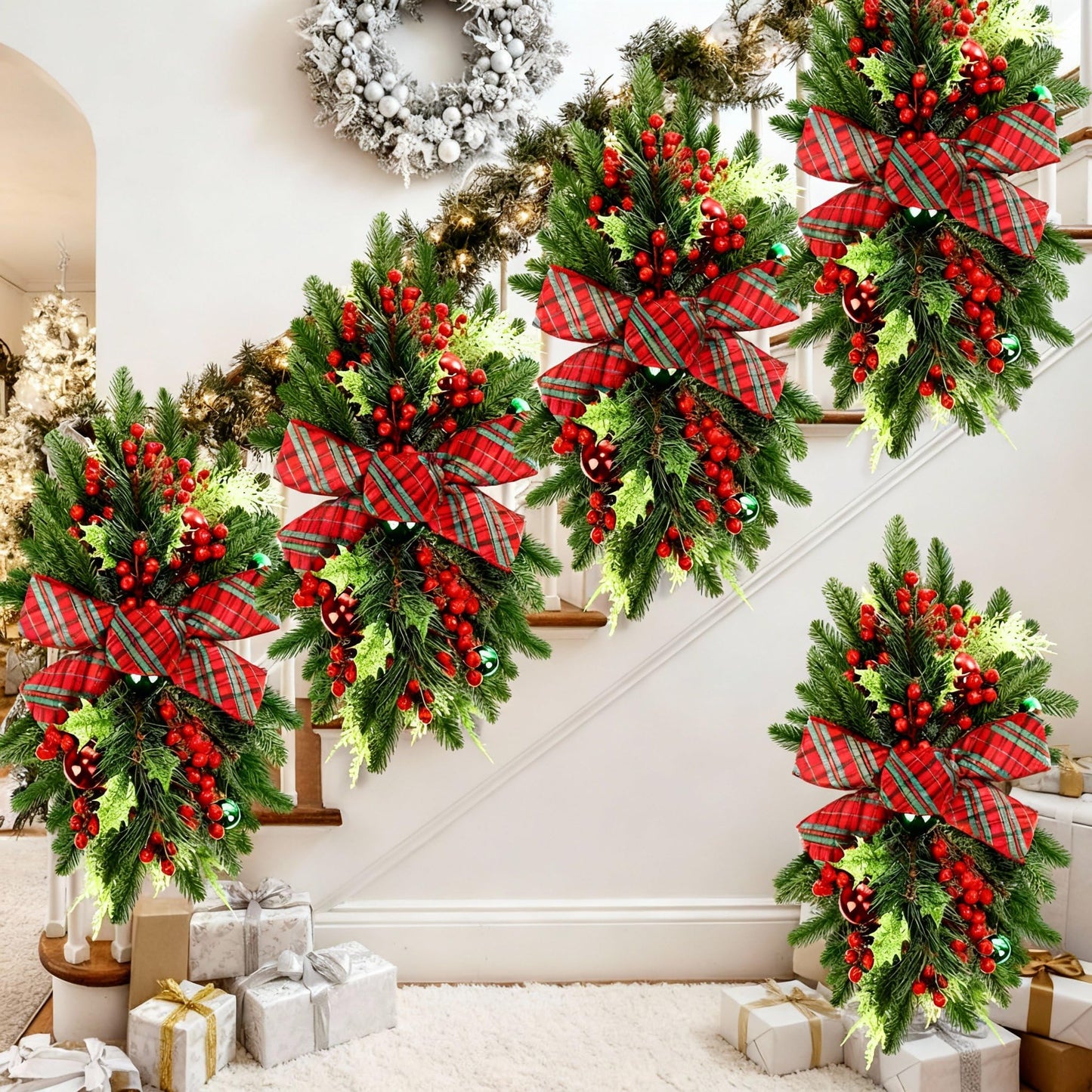 Lyrow 4 Pcs Christmas Artificial Swags 24" Xmas Stairway Swag Teardrop Trim Red Green Grid Christmas Staircase Decoration Garland for Indoor Outdoor Railing Decor(Red Green)