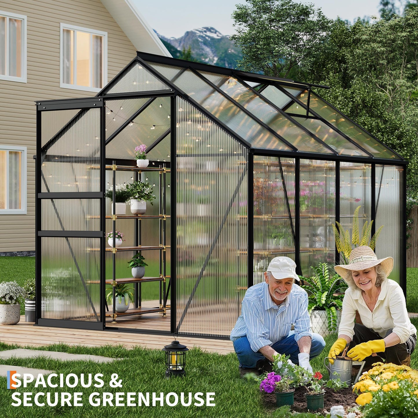 6x8FT Greenhouse for Outdoors, Walk-in Polycarbonate Greenhouse with Sliding Door, Adjustable Roof Vent & Gutter System, Portable Outdoor Green House Kit for Winter Gardening