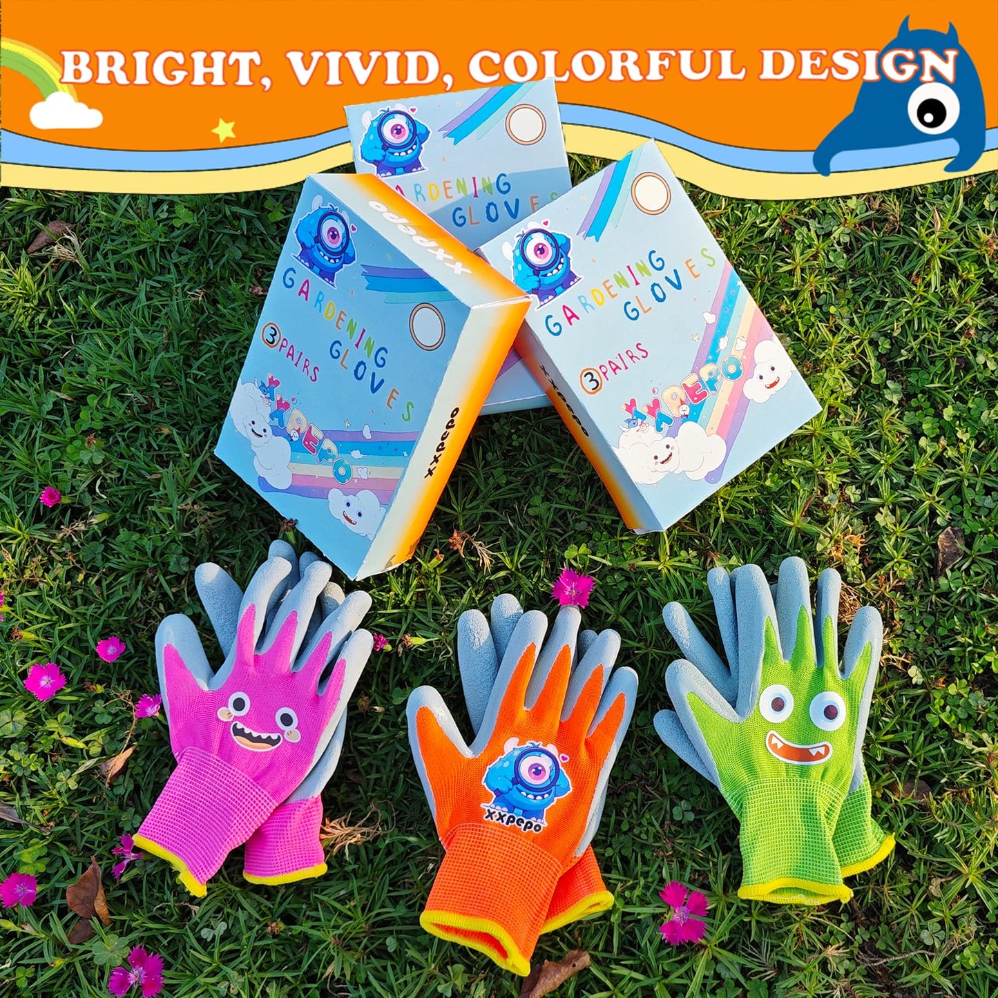 xxpepo 3 Pairs Kids Gardening Gloves. Children & Toddler Outdoor Work Gloves. Flex Rubber Coated Protect Little Hands.Gift Box for Age 6 to 8，Medium