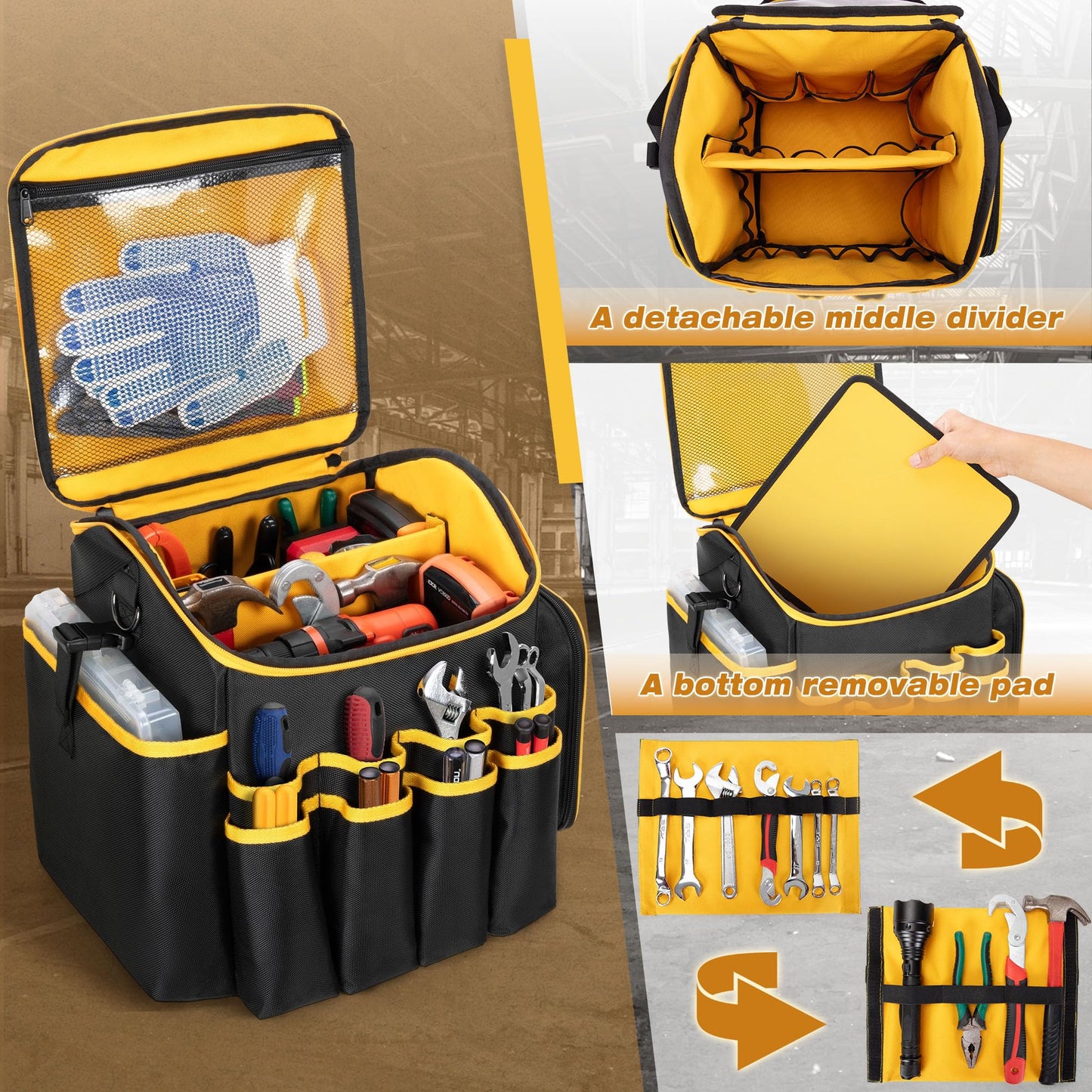Marscamd Tool Bag with a Detachable Divider and Shoulder Strap, Heavy Duty Tool Tote with Multiple Pockets, Black