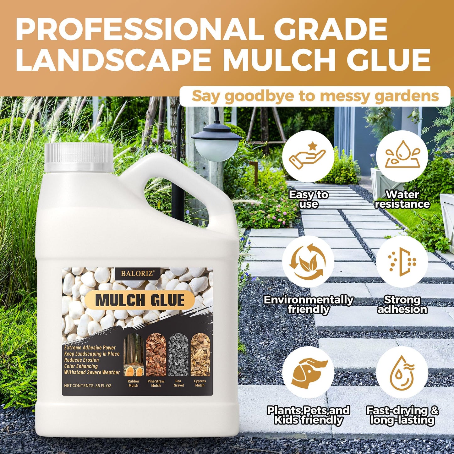 BALORIZ Mulch Glue - 35oz Mulch and Rock Glues for Landscaping, Pea Gravel & Bark, Strong Stabilizing Gravel Glue with Applicator Ready to Use Non Toxic Mulches Glues for Rocks Locking Most Mulches