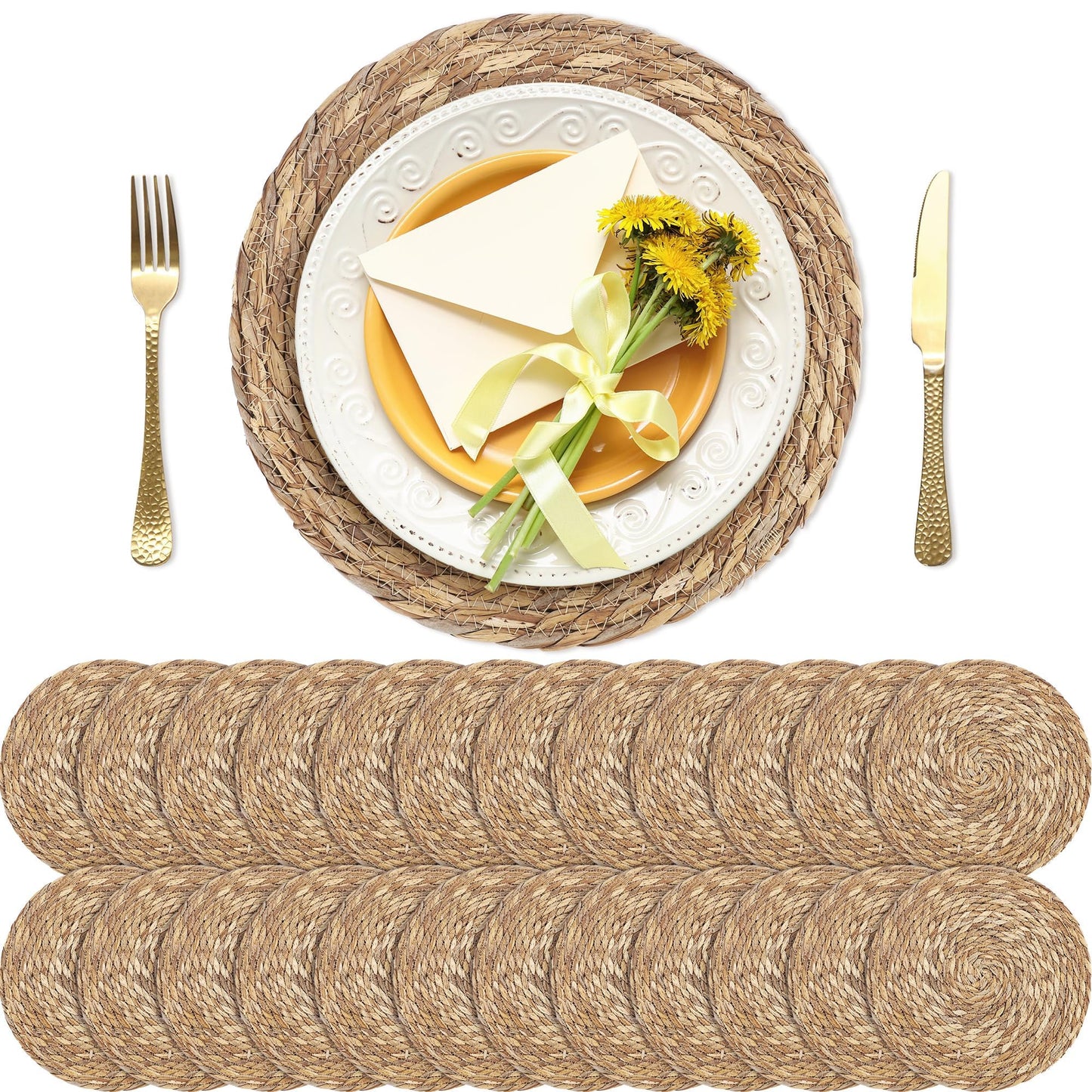 Kochorie Set of 24 Round Woven Placemats 12 Inches Bulrush Placemats Natural Hand-Woven Boho Rattan Placemats Wicker Table Mats Farmhouse Weave Place Mats for Home Dining Table