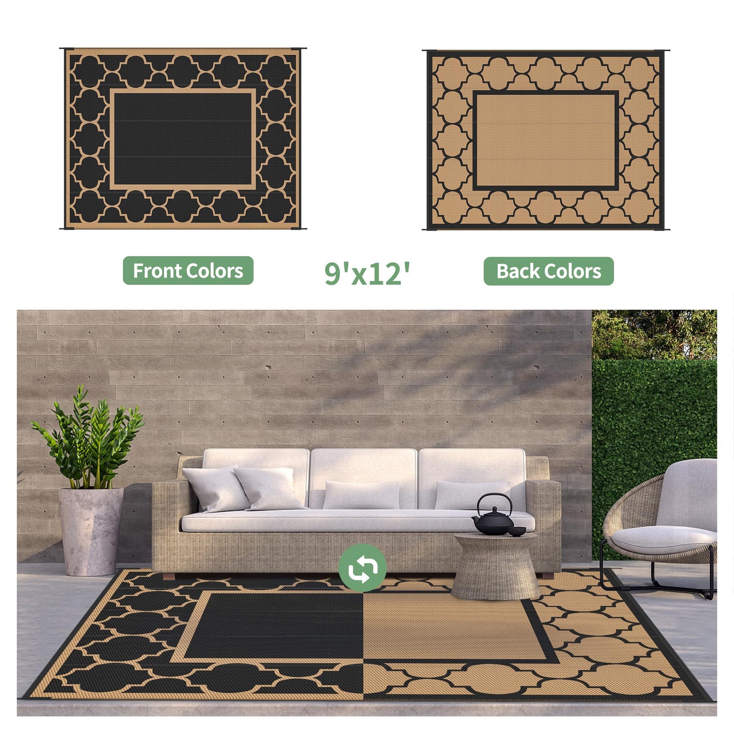 GENIMO Outdoor Rug 9' x 12' Patio Waterproof, Foldable Reversible Plastic Straw Area Rugs Mat for Camper Decor, Outside Carpet for Rv, Deck, Porch, Picnic, Beach, Balcony, Black & Brown