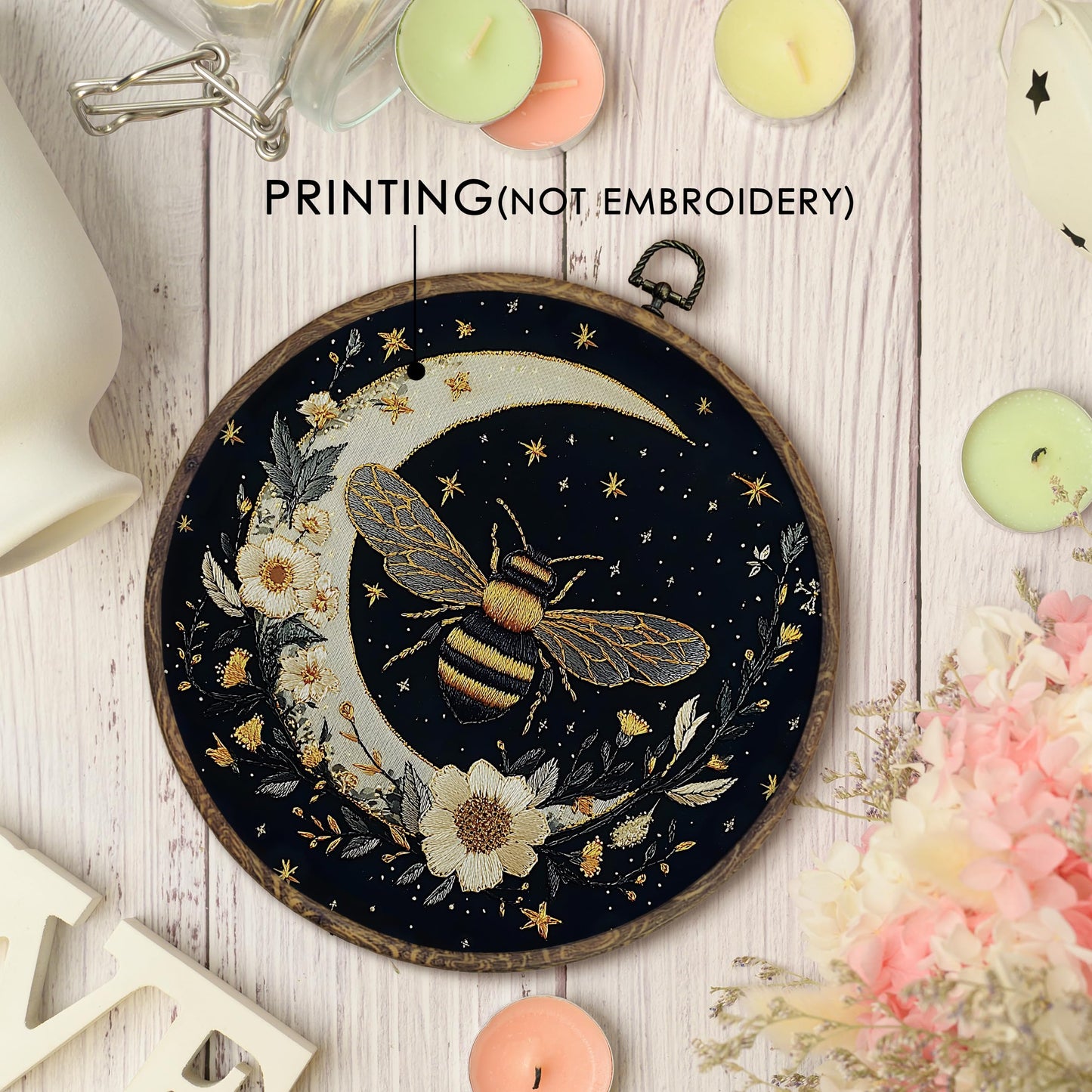 KFXHANGD Gothic Bee Moon Round Wall Art Framed, Witchy Bumble Bee Botanical Canvas Wall Art Decor, Celestial Bees Floral Hanging Decor for Bathroom Bedroom Kitchen, 10x10inch