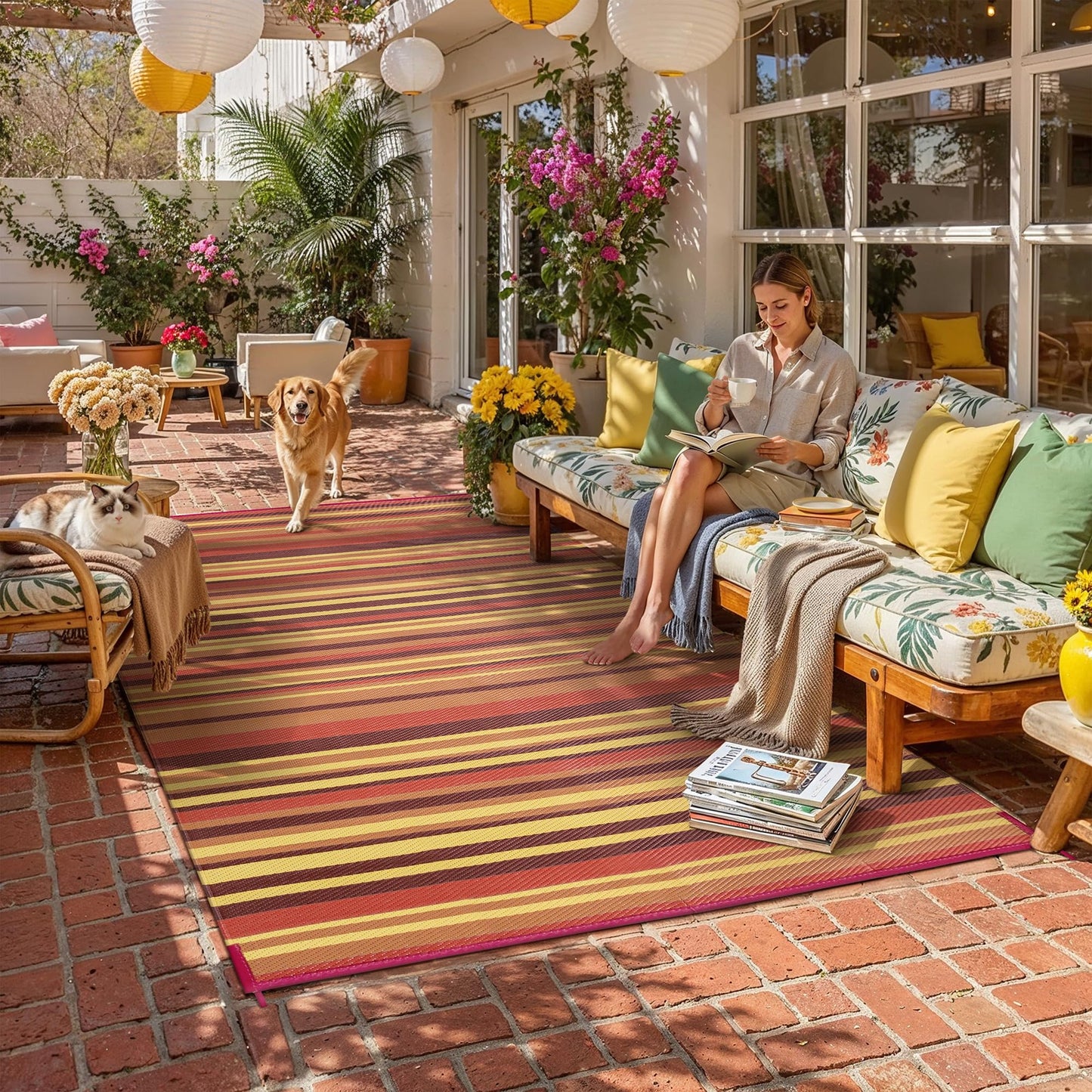 WondRg Outdoor Plastic Straw Rug Waterproof Patio 8x10 Red Orange Stripe Mat for Porch Camping RV Balcony Deck Courtyard Reversible Lightweight Durable Portable Carpet