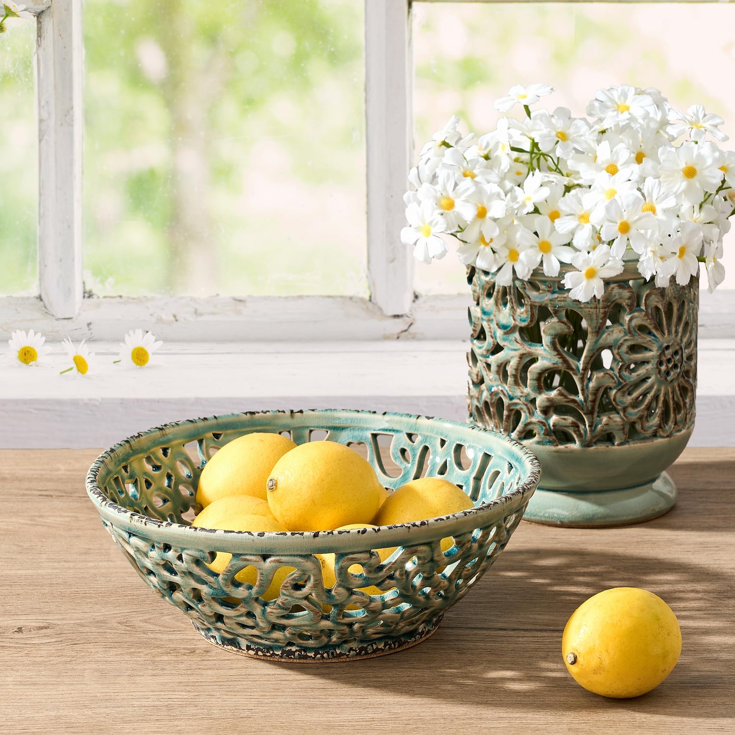 SIDUCAL Ceramic Fruit Bowl for Kitchen Counter,Decorative Fruit Basket with Holes, 10.43" Large Hollow Out Fruit Vegetable Holder Bowl for Table Decor, Blue