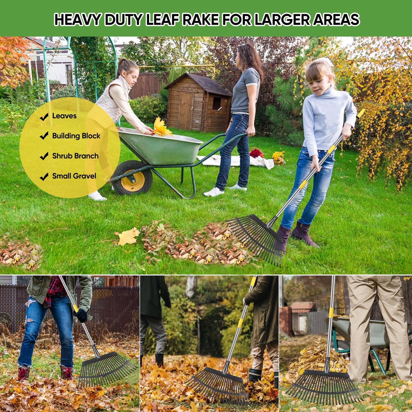 Coopvivi Rake Heavy Duty 6FT Long Garden Rake , 18.5 Inch Wide Leaf Rake for Lawns, 25 Metal Tines, Adjustable Stainless Steel Handle, Rakes for Leaves, Yards, Grass, Garbage, Weeds, Debris (Yellow)