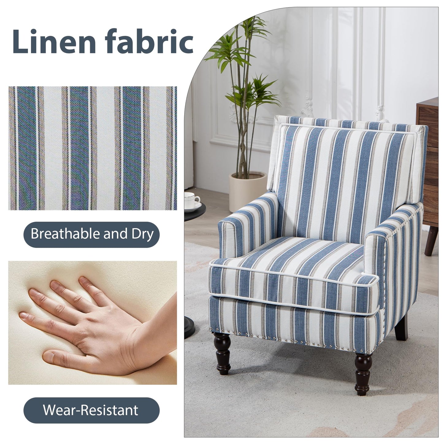 WakeZero Accent Chair, Comfy Cozy Modern Mid-Century Accent Chairs, Linen Upholstered Lounge Arm Chair with Solid Wood Reading Side Padded Single for Living Room/Office/Balcony/Bedroom-Blue Stripe
