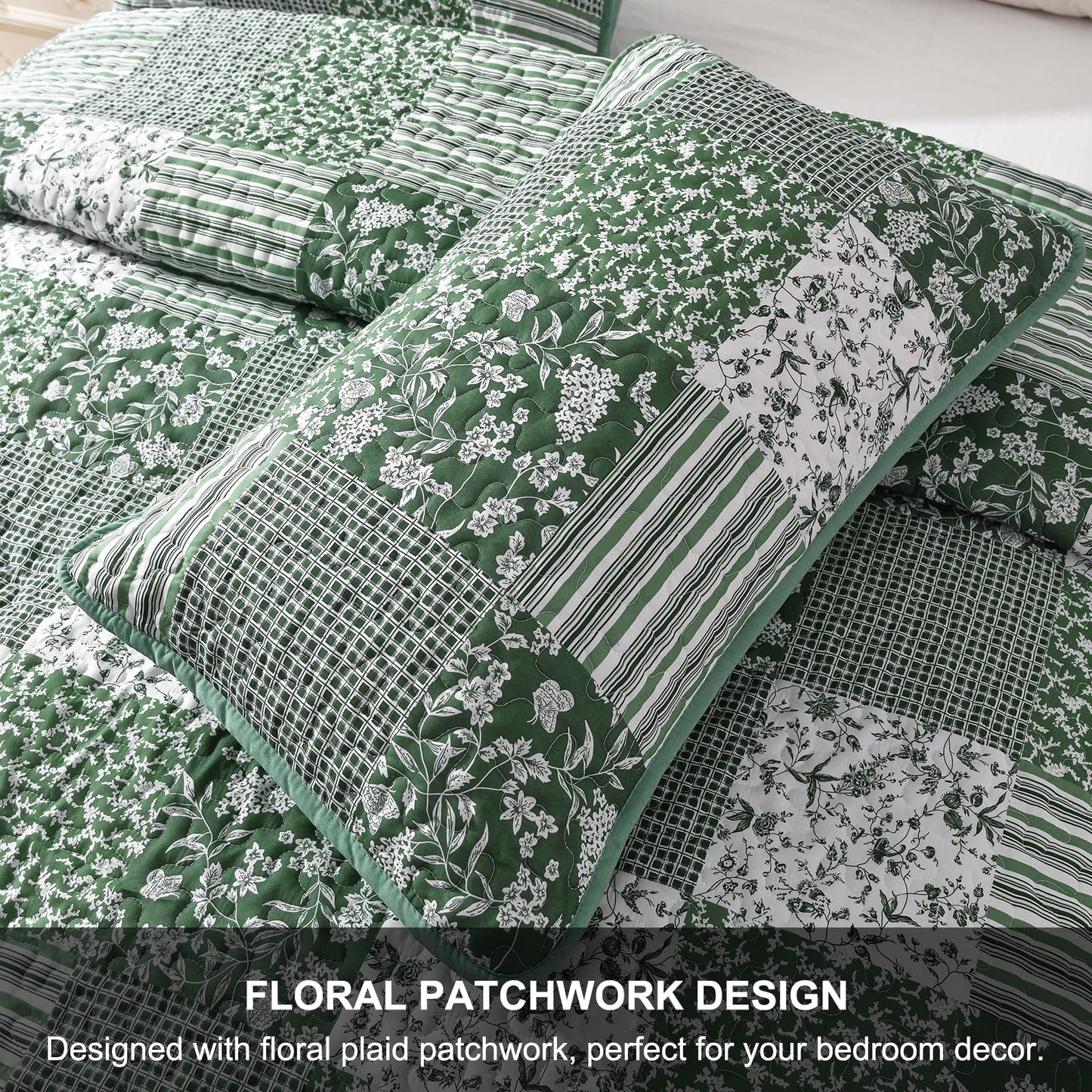 Mybedsoul Green Boho Queen Quilt Set, 3-Piece Reversible Soft Plaid Floral Bedding Set with 2 Pillow Shams - Sage Green Queen Size Quilt Bedspread Coverlet Set 90” x 96”