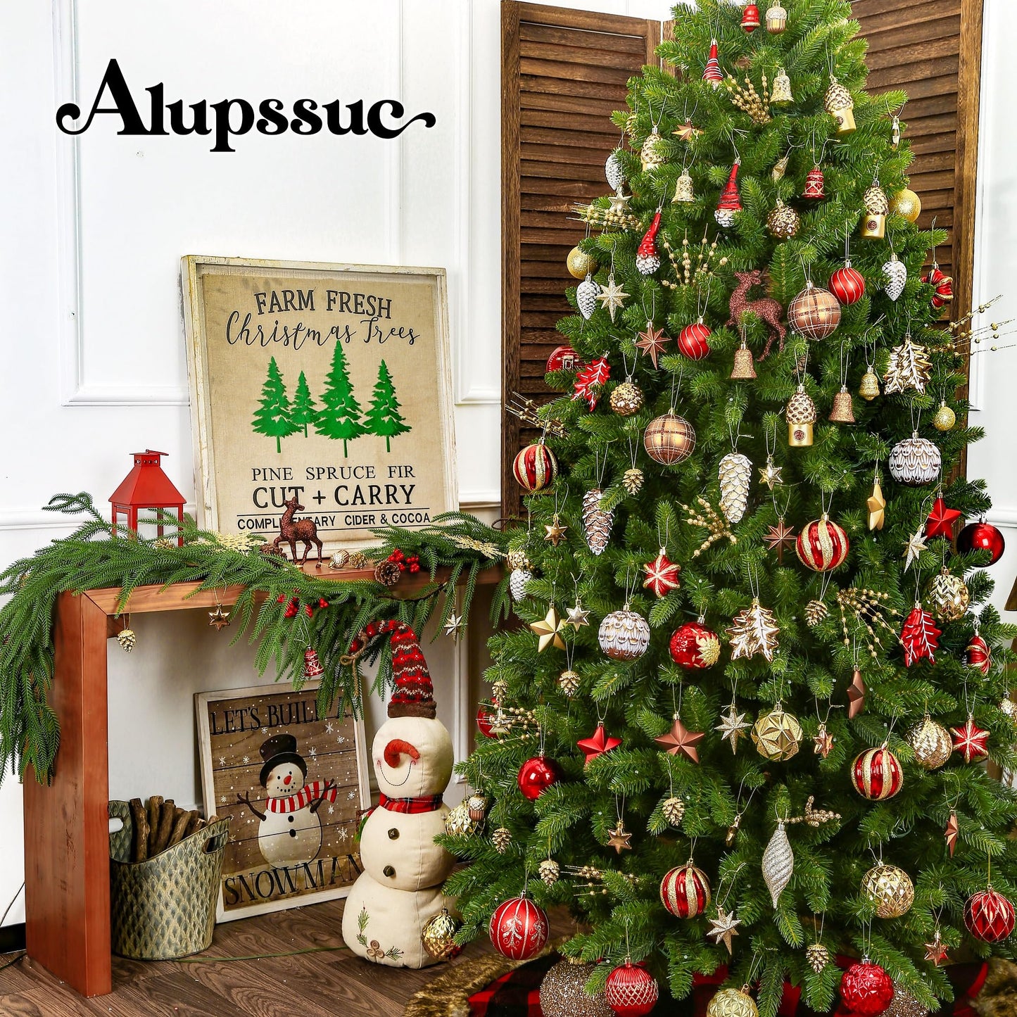 Alupssuc 103pcs Christmas Balls Ornaments Set, Gnome Christmas Tree Decorations with Hanging Strings, Shatterproof Plastic Baubles for Xmas Tree Holiday Wedding Party Decorations, Red, Bronze and Gold