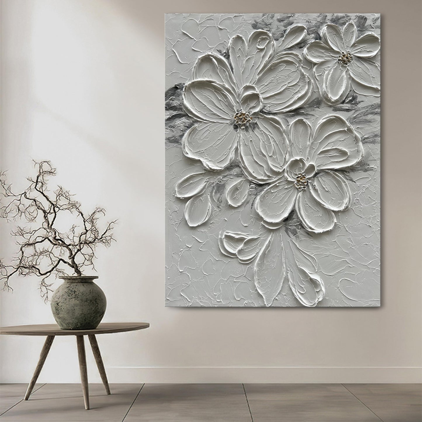 Diathou Hand-Painted White Flower Texture Art - 40x28 inches Modern Abstract Home Wall Decorative Art