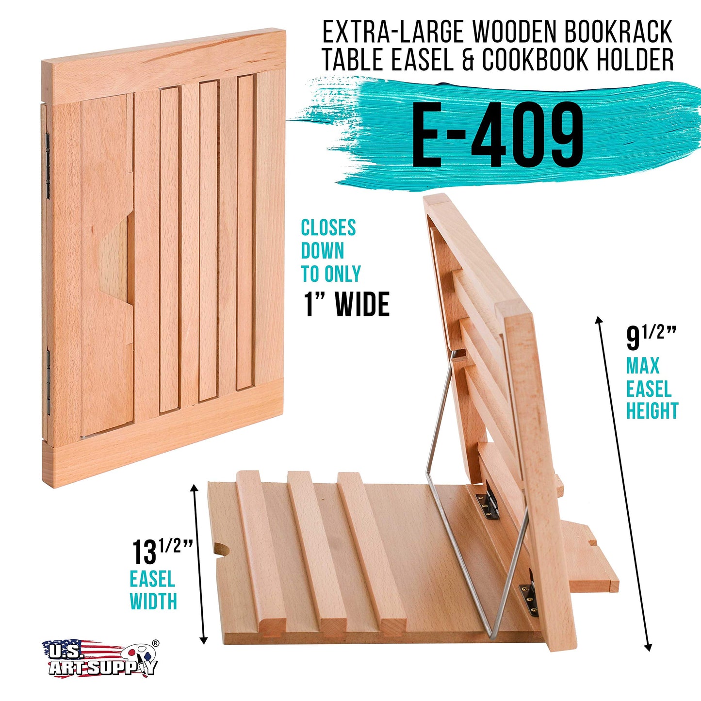U.S. Art Supply Large Wooden Table Easel - Adjustable Incline, 2 Page Holders - Functions as Wooden Cookbook Stand, Kitchen Countertop Recipe Rack, Tablet Rest & Cook Book Holder for Kitchen Counter