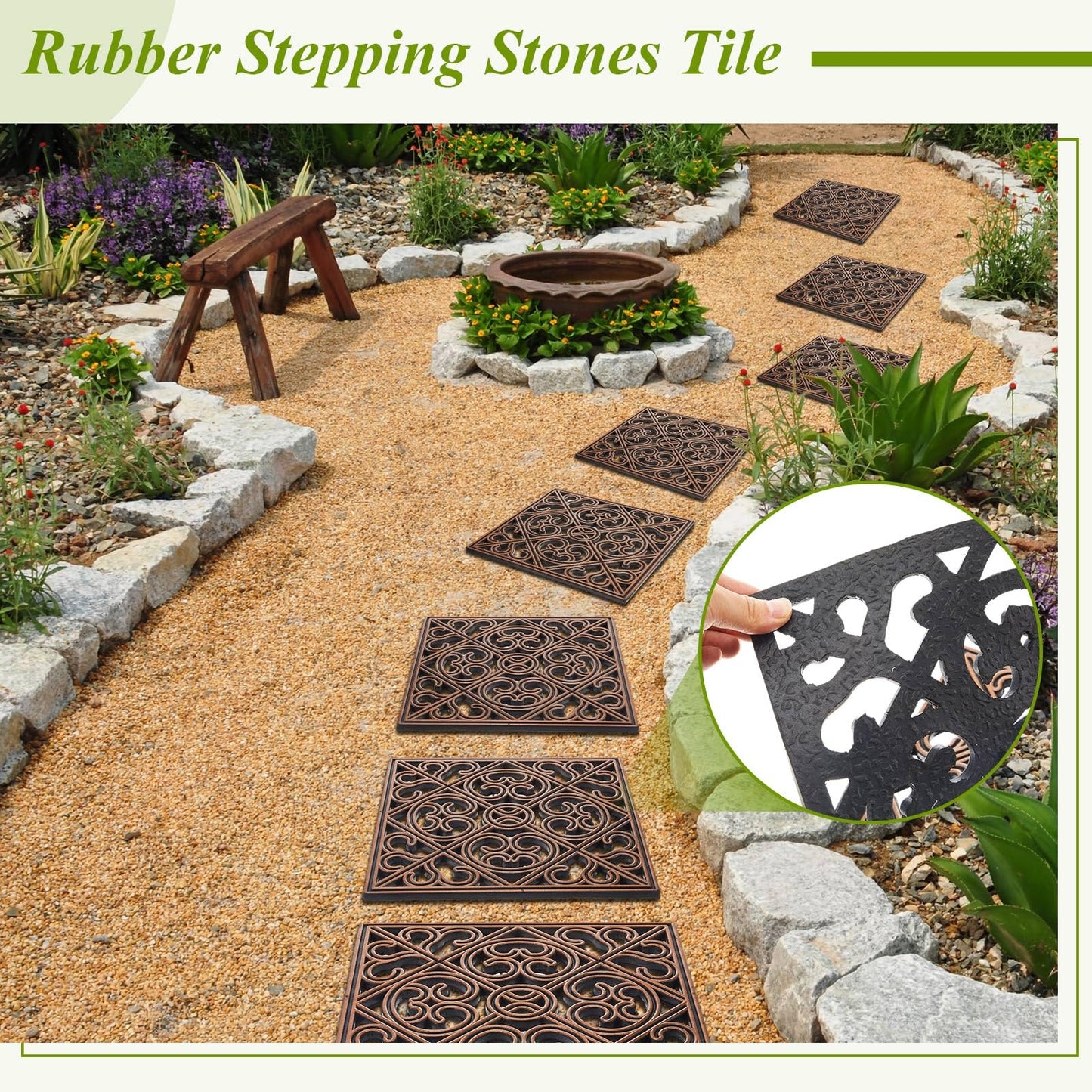 Pangda 8 Pcs Rubber Stepping Stones Outdoor Garden Walkway, 12 x 12 Inch Heavy Duty Pathway Pavers Retro Decorative Stepping Stones for Outside Landscaping Yard Lawn Path(Copper,Cross Square)