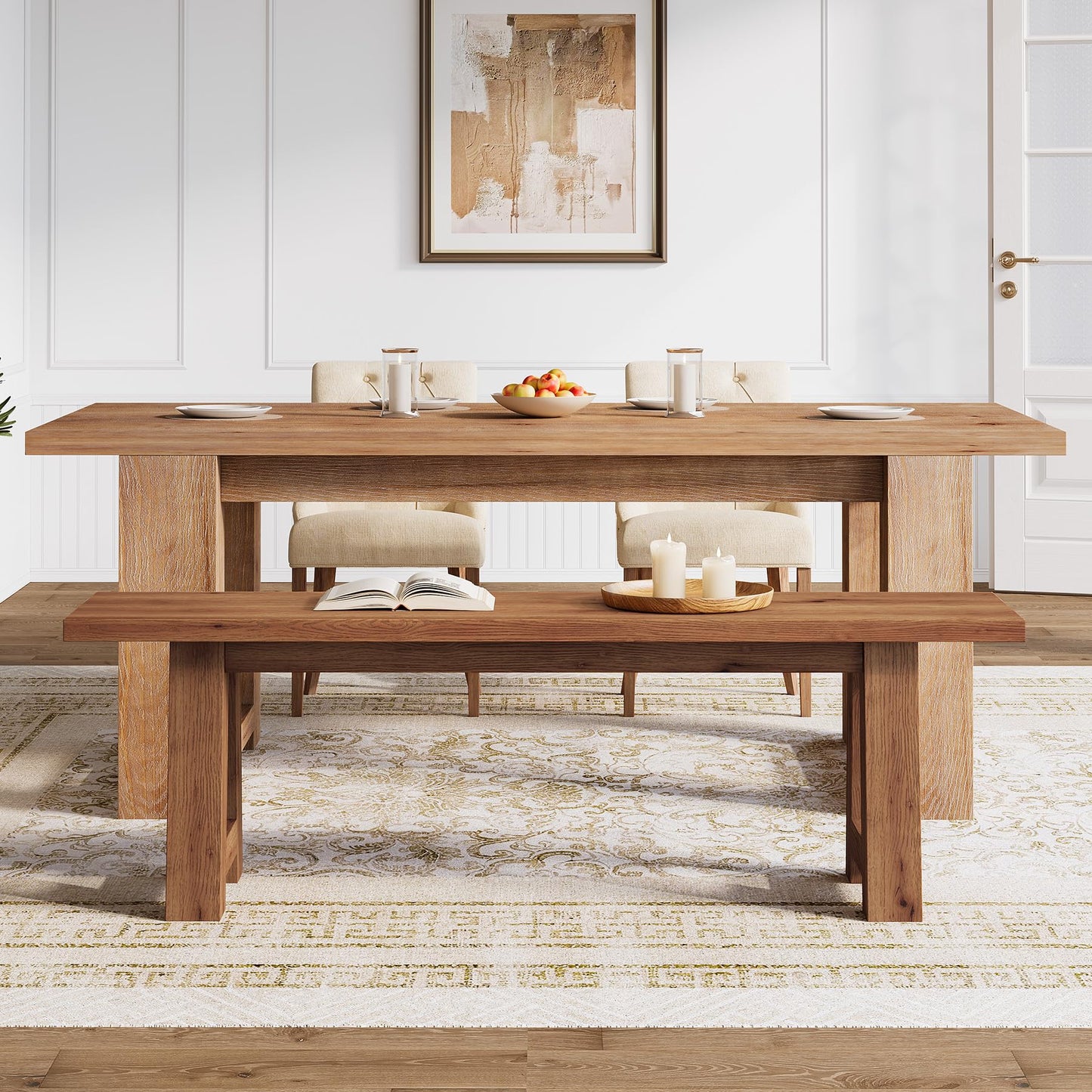 TRIBEWOOD Solid Wood Dining Bench with A-Shaped Legs, 55.12-Inch Farmhouse Entryway Bench Indoor for Hallway, Kitchen, Dining Room, Living Room (Brown)