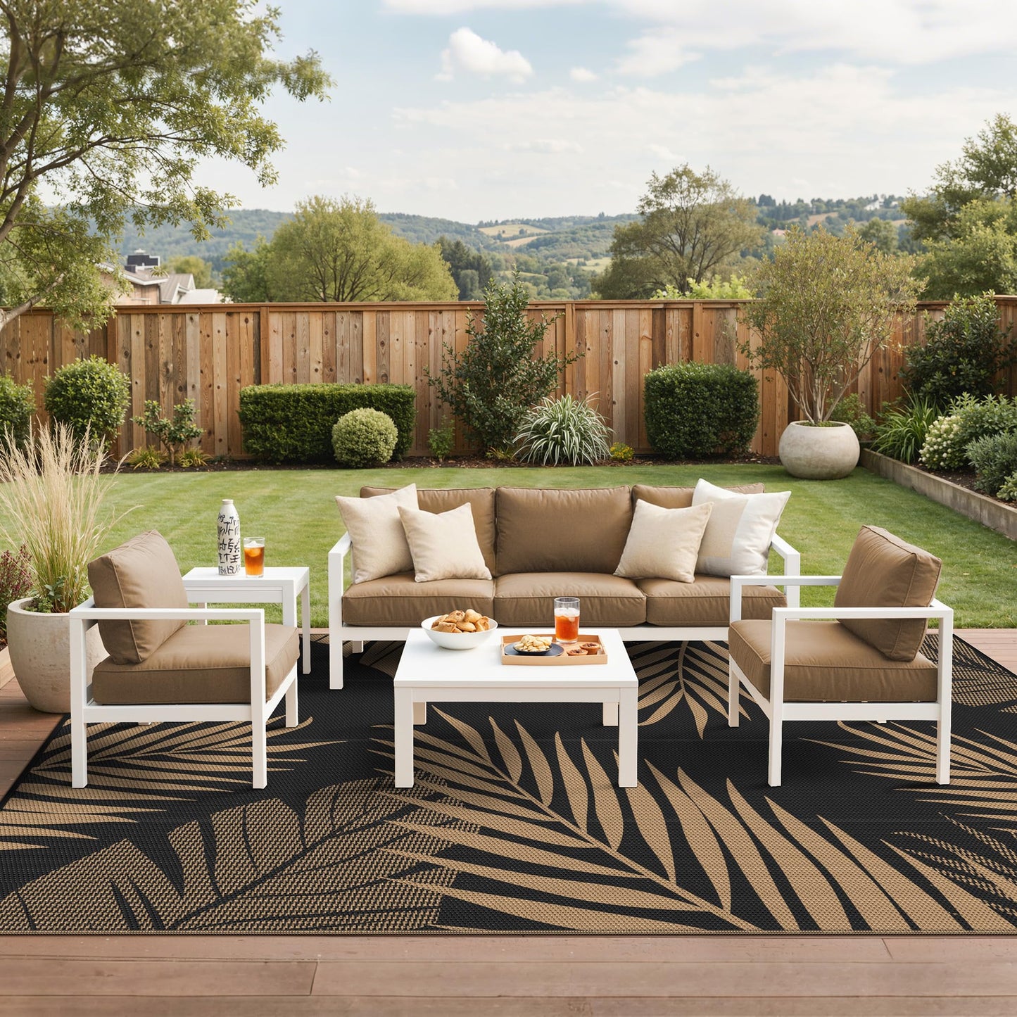 sarben Outdoor Rug 10’x14’ Waterproof for Patio Clearance, Reversible Indoor Outdoor Plastic Straw Camping Rug Carpet, RV Mat, Large Area Rug for Deck, Backyard, Balcony, Porch, Beach, Black & Brown