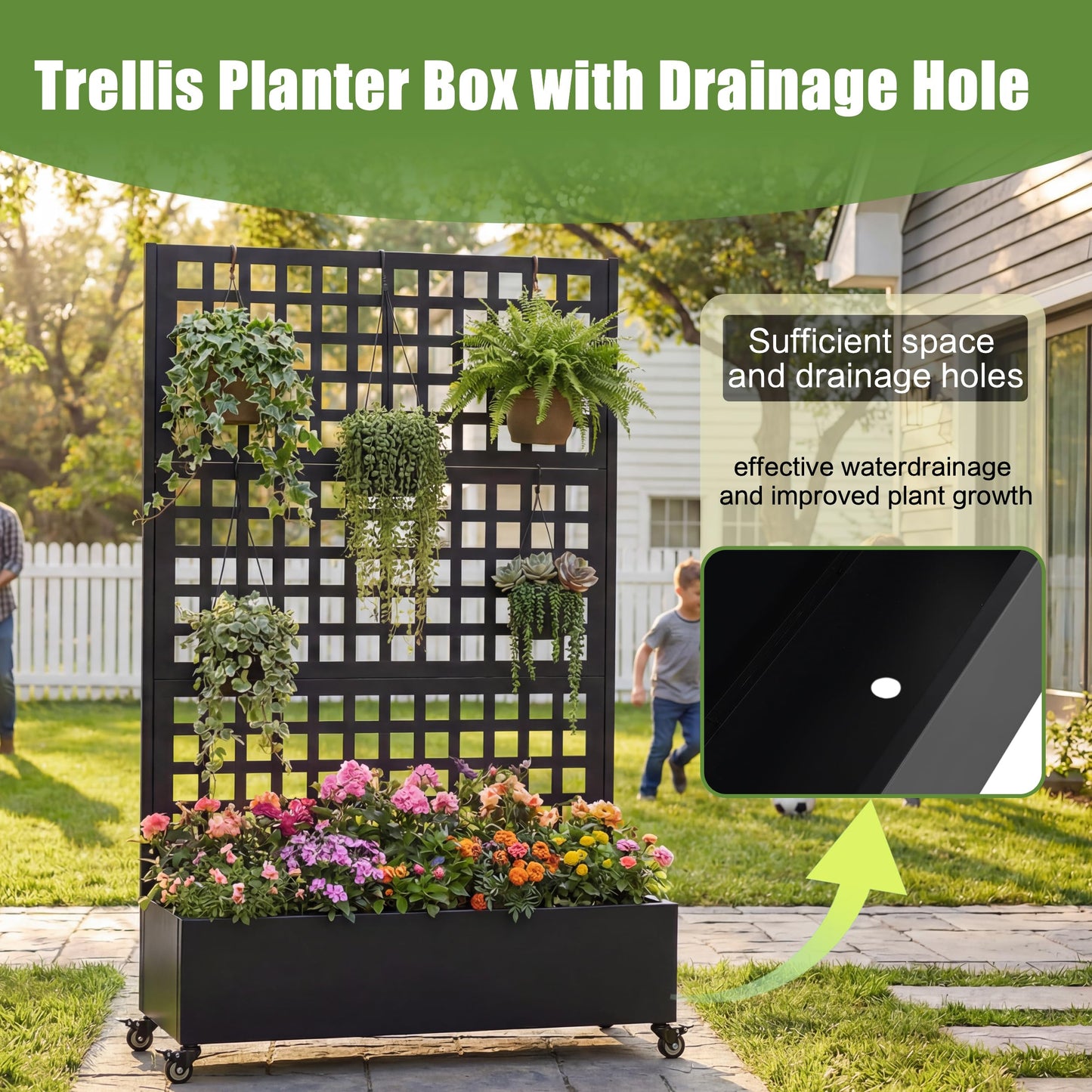 Jovkuan Metal Planter Box with Trellis Outdoor, 73"x47"x16"Garden Bed with Wheels and Trellis Privacy Screen & Drainage Holes & Lockable Casters for Climbing Plants, Vegetable, Vines