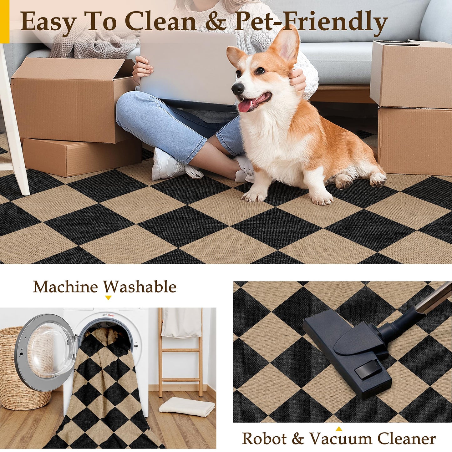 PureCozy 4x6 Checkered Easy Jute Area Rug for Living Room Checkerboard Washable Indoor Outdoor Carpet Farmhouse Patio Office Mat Geometric Non Slip Black Carpet for Dorm Backyard Dining Room