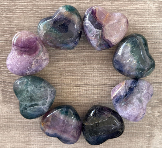 GAF TREASURES Rainbow Fluorite Gemstone Hearts, Polished Rainbow Fluorite Puffy Hearts, Rainbow Fluorite Crystal Palm Stone, Rainbow Fluorite Healing Crystal Hearts (1 Heart)