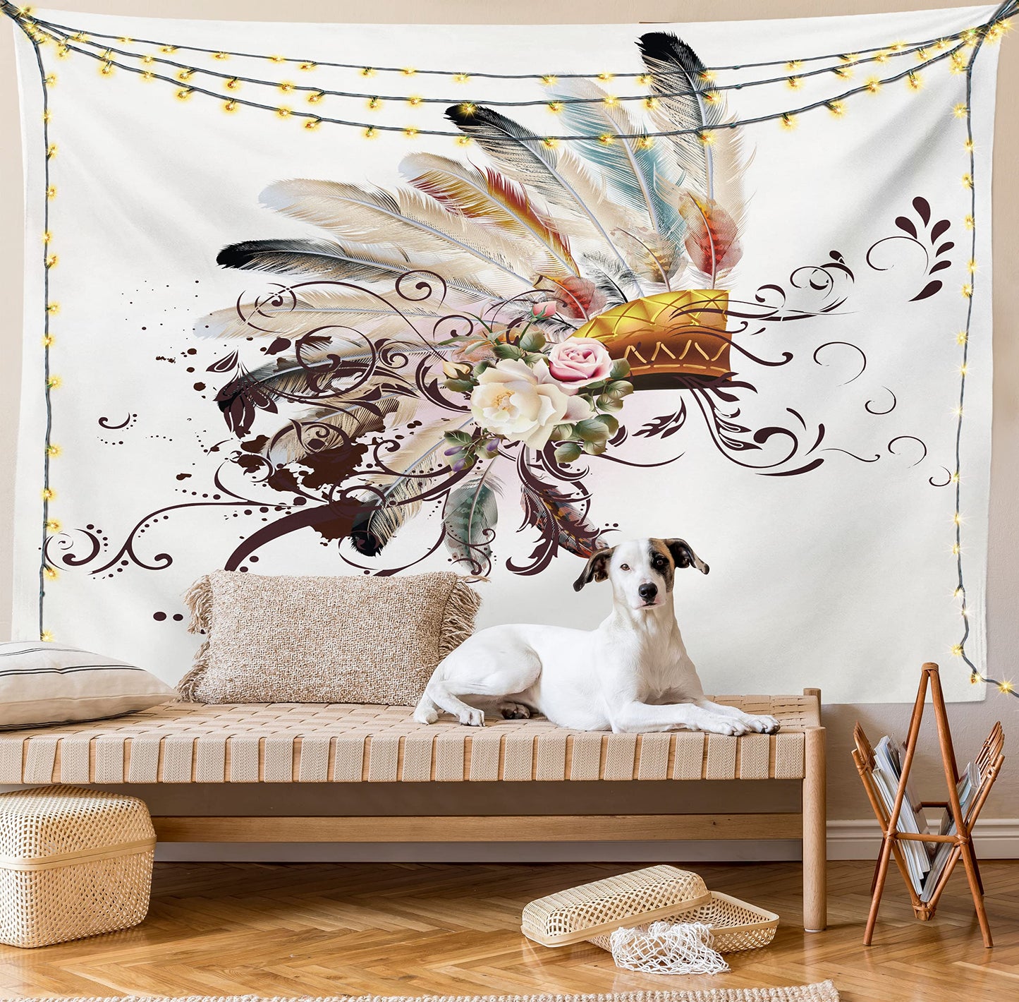 Ambesonne Feather Tapestry, Floral Arrangements Head Wear Flowers Swirls Shapes, Wide Wall Hanging for Bedroom Living Room Dorm, 60" X 40", Cream Ivory