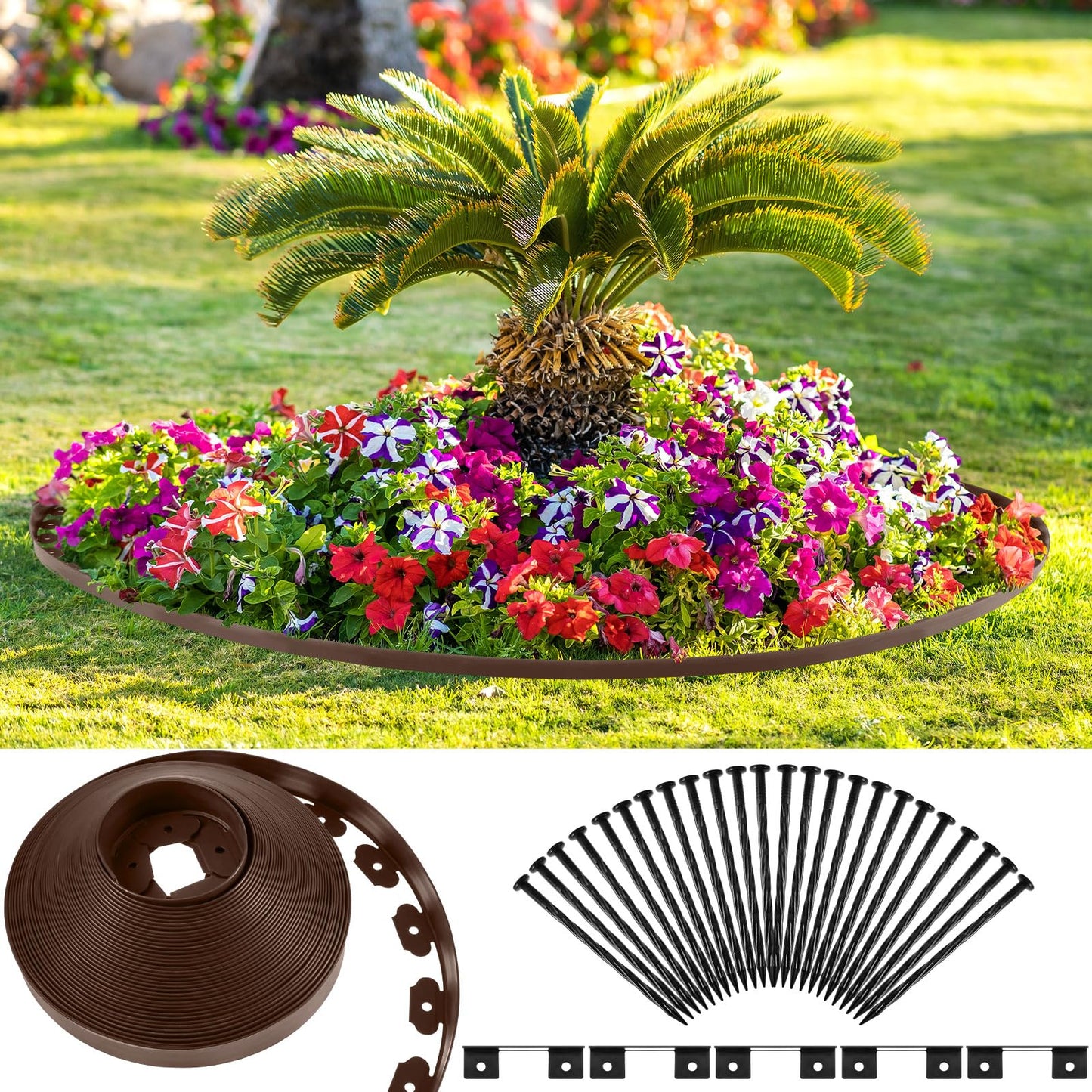 Sasylvia 2.5'' x 200' Landscape Edging Kit Edging Border Coil Include 120 Anchoring Spikes 10 Connectors Plastic Garden Border for Lawn Garden Grass Yard Home(Brown)