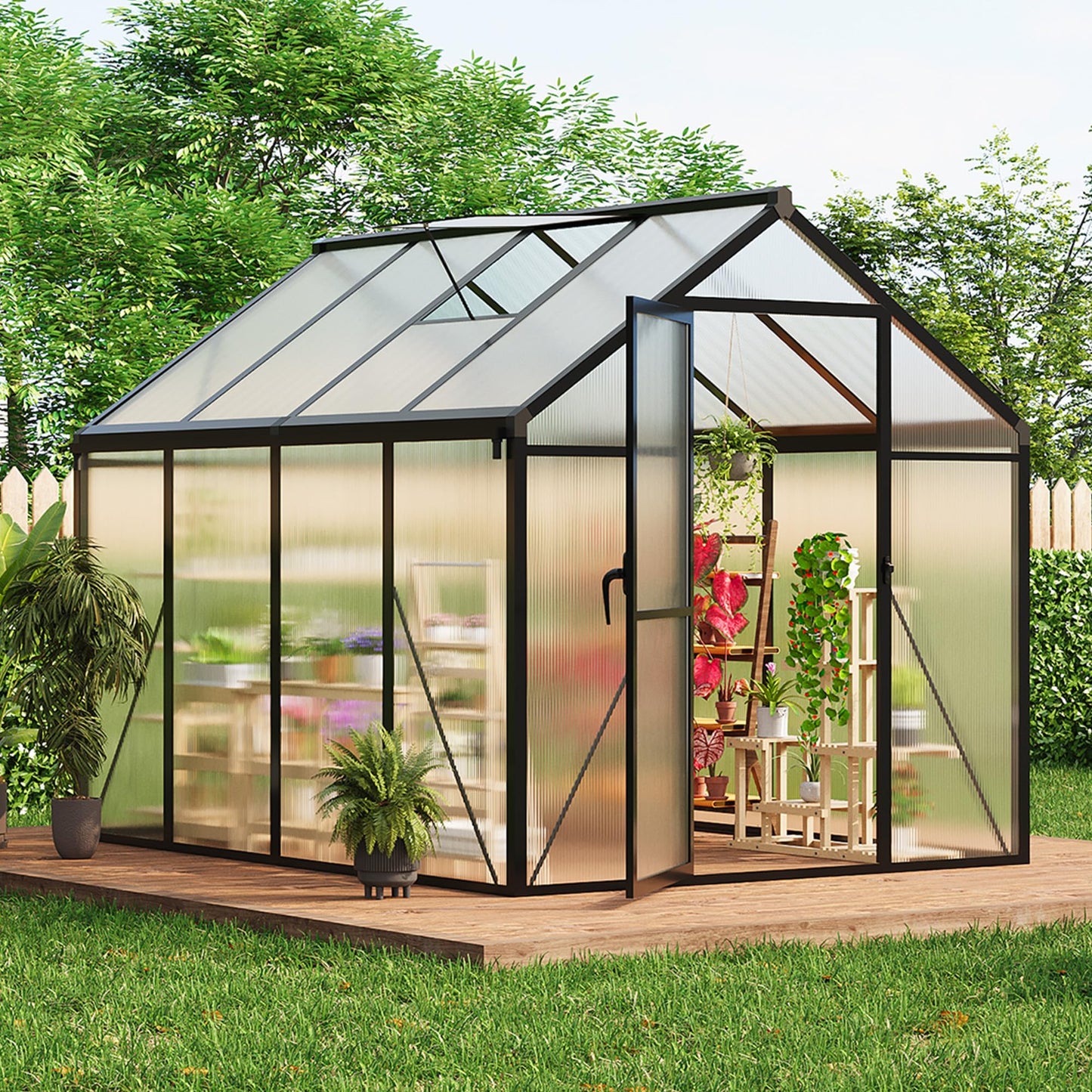6X8 Ft Polycarbonate Greenhouse Sunroom with Aluminum Frame, Outdoor Greenhouse for Vegetables Herbs Flowers, Lockable Door & Adjustable Roof Vent, Patio Backyard Greenhouse Kit for Gardening, Black