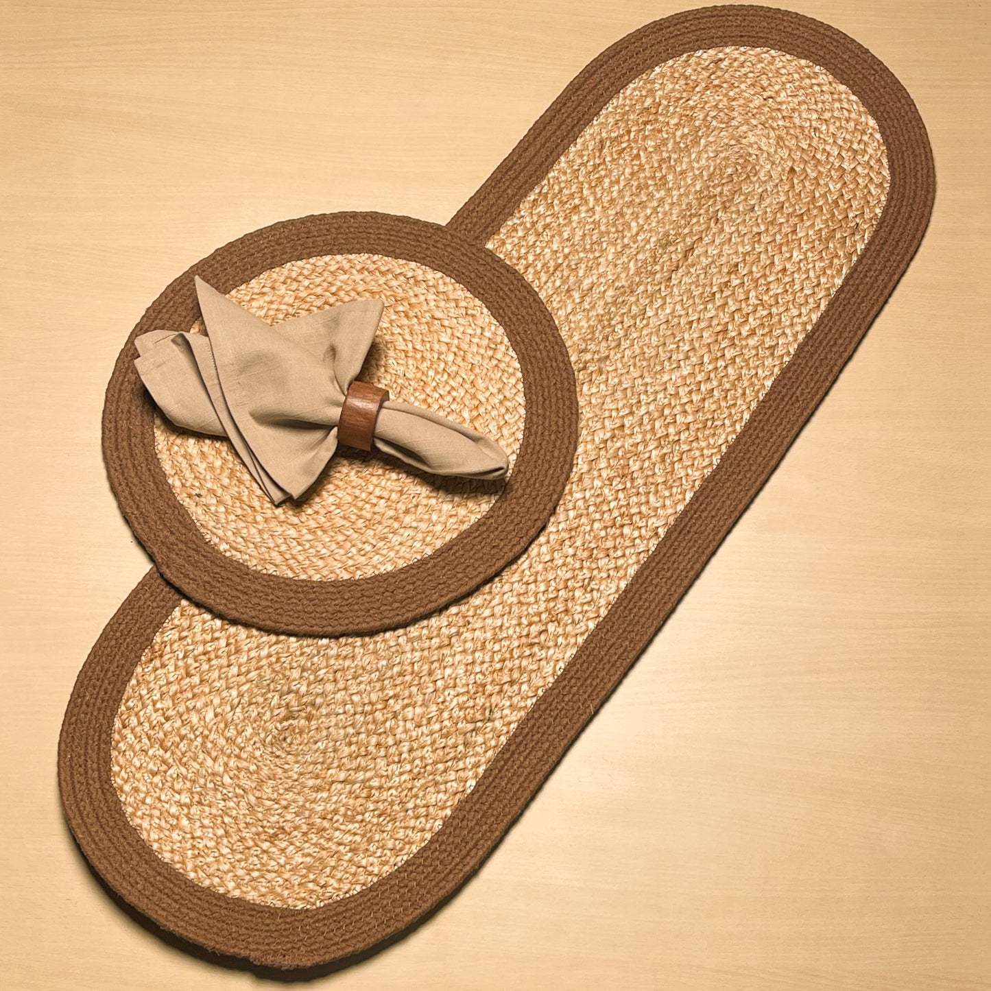 CHARDIN HOME Verona Oval Woven Jute & Cotton Braided Table Runner, Size -13 x 36 Inches, Color - Natural Jute with Brown Border
