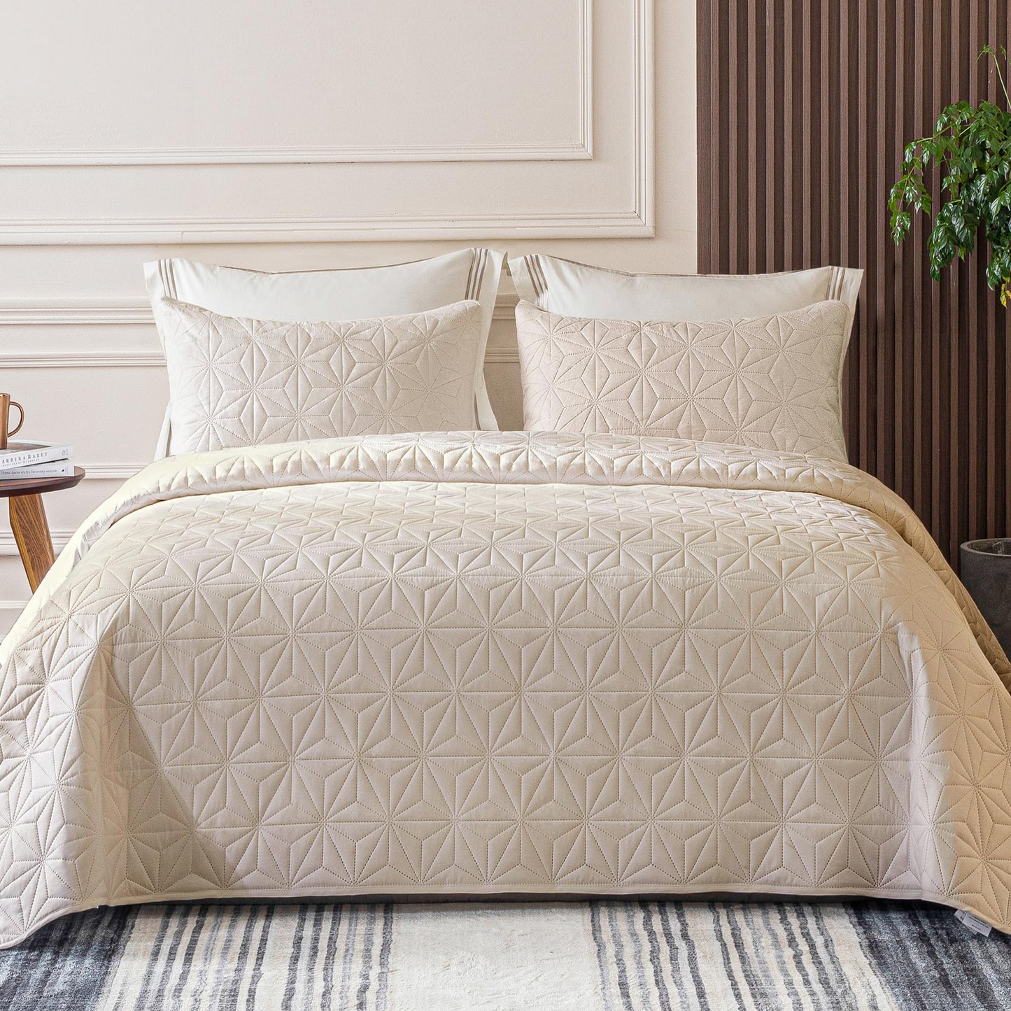 Whale Flotilla Queen Quilt Bedding Set, Soft Brich Beige Bedspreads Quilts Queen Full Size for All Seasons, 3 Pieces Lightweight Geometric Star Pattern Coverlet