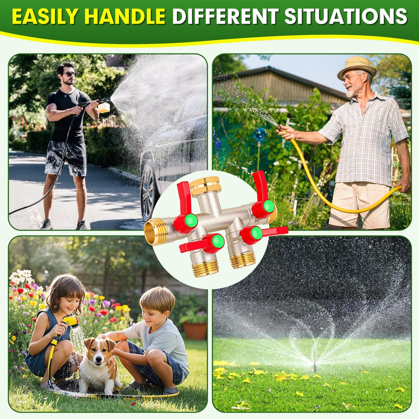 DINGBAI Hose Splitter 4 Way, High Flow Garden Hose Splitter, 3/4” Ght Inlet Brass Heavy Duty Hose Converter, Full Flow water 4 Way Faucet hose splitter, Long Handle Hose Valve Large Outlet.