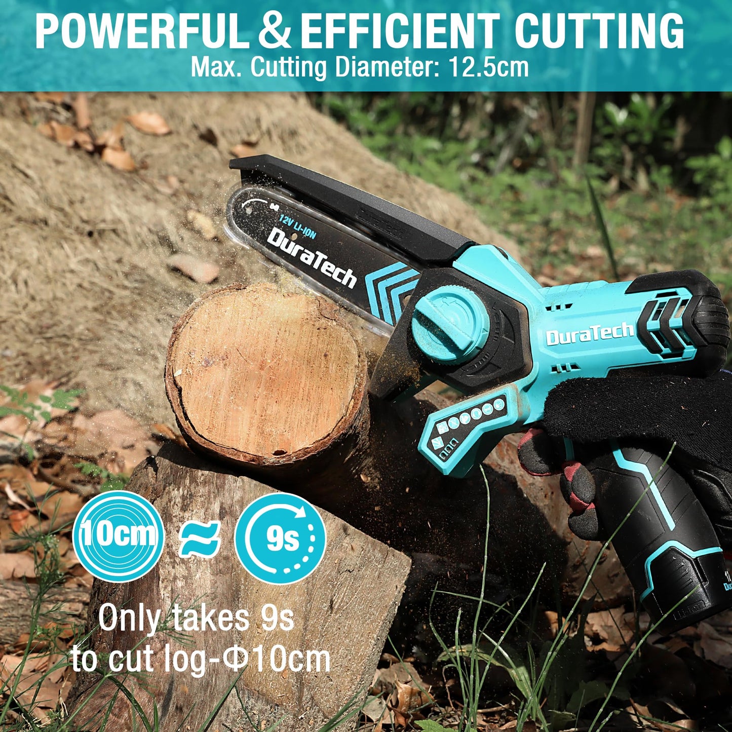 DURATECH 12V Mini Chainsaw, 6 Inch Electric Cordless Chainsaw with 2 Batteries & 2 Chains, One-Hand Operated Portable Wood Saw for Garden Tree Branch Pruning, Wood Cutting