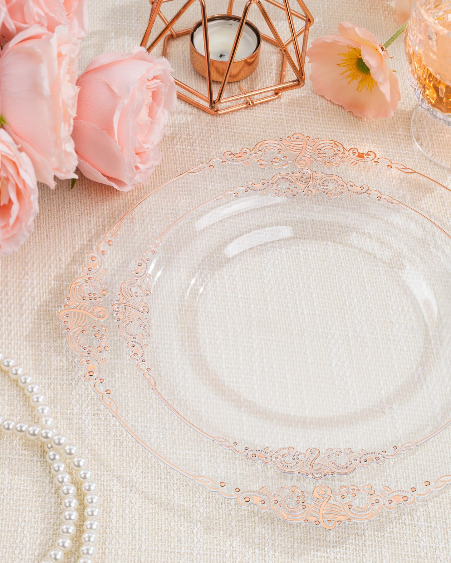 Nervure 175PCS Rose Gold Plastic Plates - Disposable Rose Gold Party Plates & Pre Rolled Napkins with Cutlery for 25 Guests, 50Plates, 75Silverware, 25Cups, 25Napkin for Wedding & Party & Mothers Day