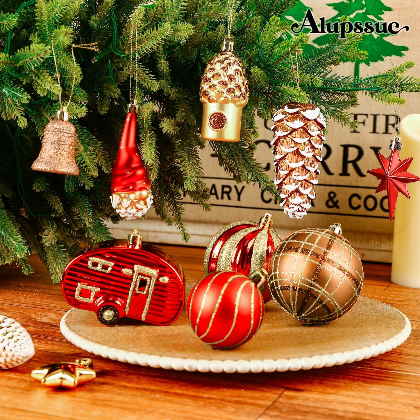 Alupssuc 103pcs Christmas Balls Ornaments Set, Gnome Christmas Tree Decorations with Hanging Strings, Shatterproof Plastic Baubles for Xmas Tree Holiday Wedding Party Decorations, Red, Bronze and Gold