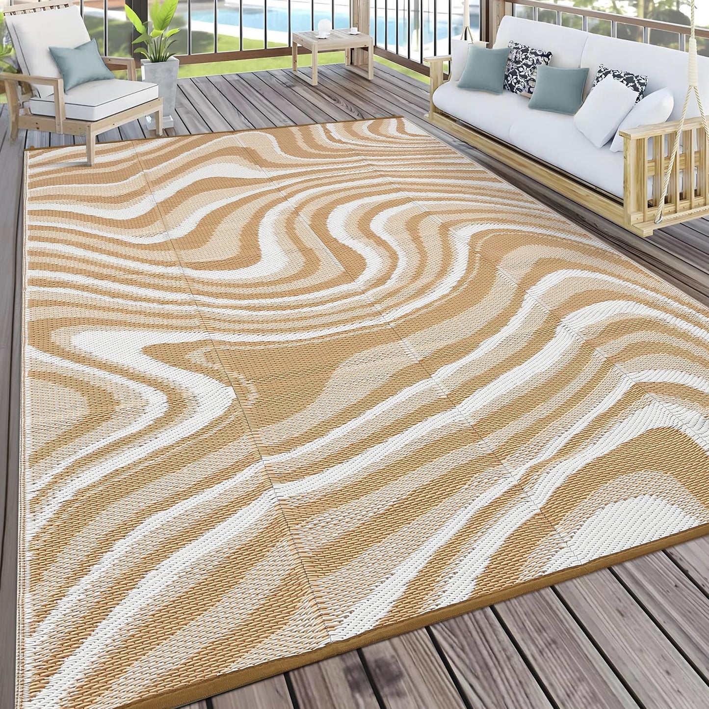 Garvee 10x14 Modern Large Outdoor Rug, Waterproof Rug for Camping, Reversible Plastic Straw Rugs UV Resistant Abstract Carpet for Picnic Backyard Deck Balcony Porch Beach Trailer, Light Brown