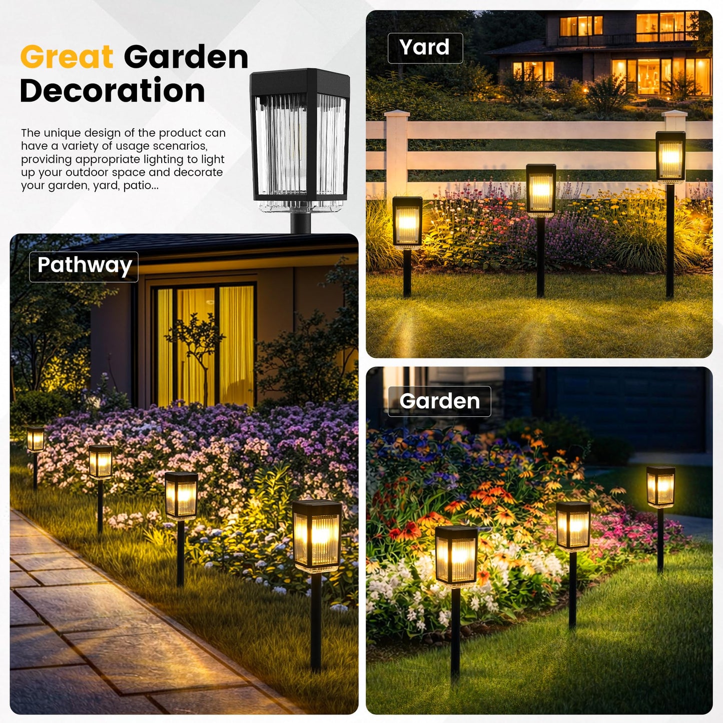 HMDecor Solar Pathway Lights, 8 Pack Solar Powered Garden Lights Waterproof IP65, 10-40 LM Auto On/Off Outdoor Light for Lawn Patio Walkway Driveway Decor Landscape Lighting (Warm White)