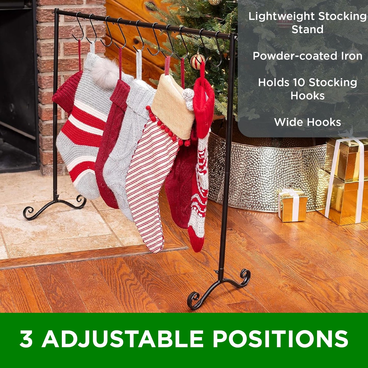 BIRDROCK Home 10-Hook Christmas Stocking Holder Stand | Lightweight Iron Metal Freestanding Rack for Holiday Decor | Versatile Stocking & Ornament Hanger Display for Home, Floor & Living Room - Black